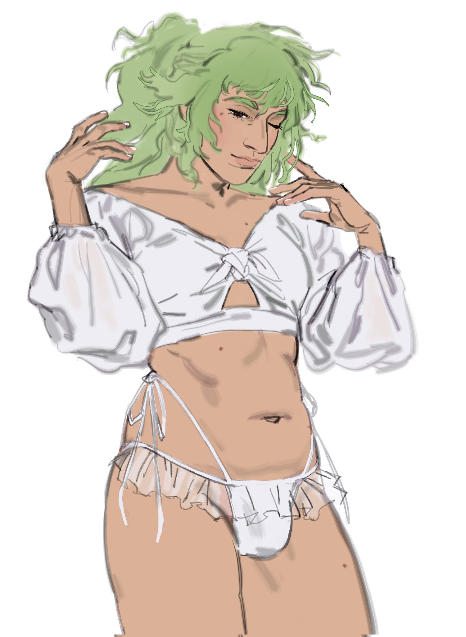 1futa, androgynous, breasts, bulge, futanari, game freak, genderswap, genderswap (mtf), green hair, intersex, mtf crossgender, natural harmonia gropius, nintendo, panties, pokemon, pokemon bw, rule 63, self upload, simple background, small breasts, solo, solo futa, sprluminous, thick thighs, trans woman, transfem, white background