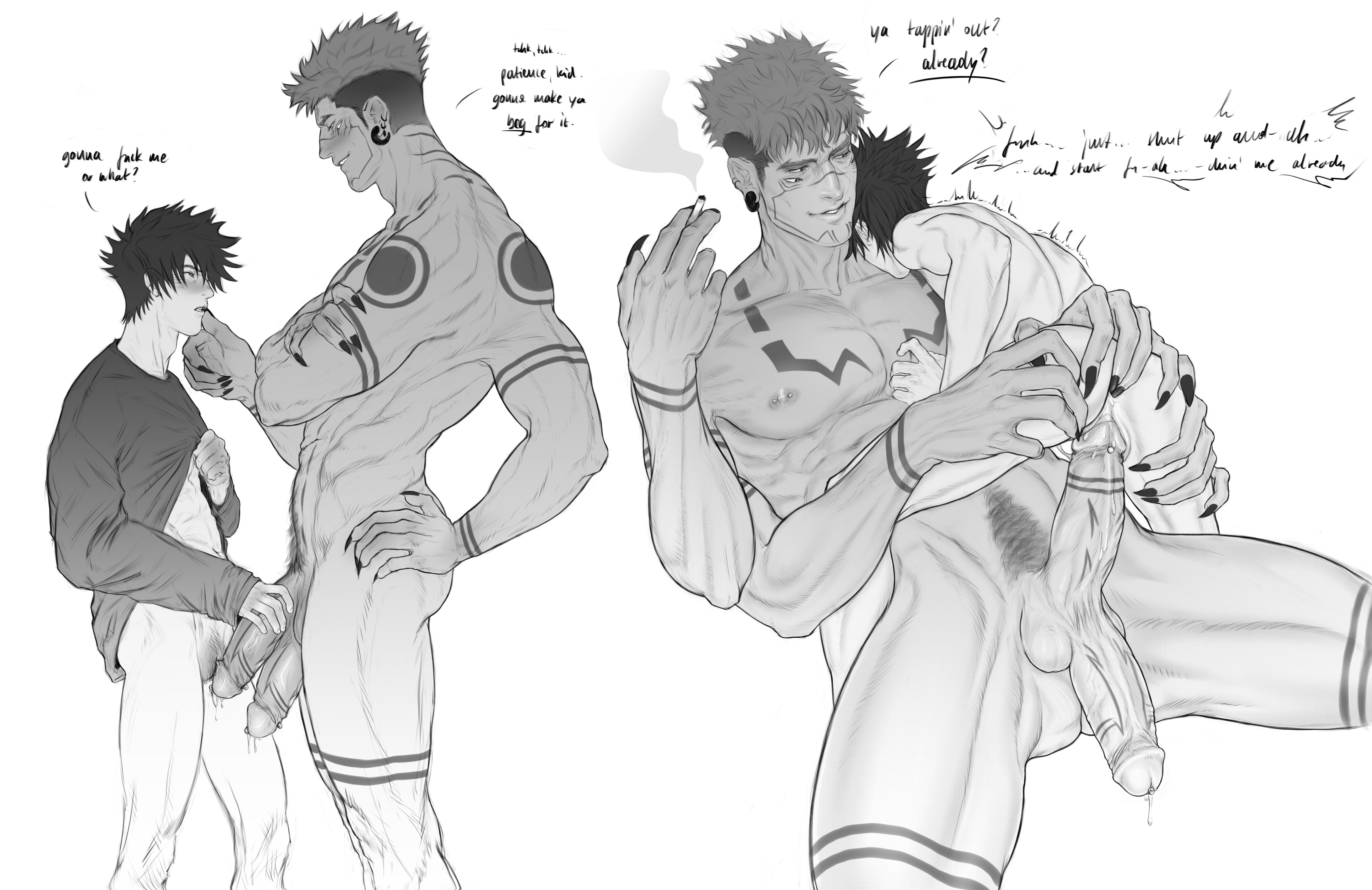 2boys, 4 arms, anal fingering, arm tattoo, ass, ass grab, balls, blush, cigarette, cuntboy, diphallia, diphallism, english text, erection, facial tattoo, fushiguro megumi, intersex, jujutsu kaisen, large ass, looking at another, male, male only, monochrome, multi arm, multi eye, multi genitalia, multi limb, multi penis, muscular, muscular male, nipples, nude, pectorals, penis, pussy, raisinbunn, ryoumen sukuna (jujutsu kaisen), sex, short hair, shoulder armor, sitting, size difference, testicles, vaginal penetration