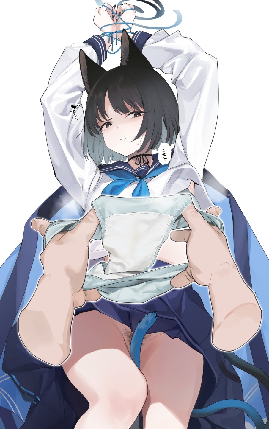 1boy 1girls allied_hyakkiyako_academy_student angry animal_ears arms_up black_eyes black_hair blue_archive blue_tail bondage bound cat_ears clothes_lift djheycha female halo highres holding holding_clothes holding_panties holding_underwear hyakkaryouran_conflict_resolution_council_(blue_archive) kikyou_(blue_archive) male no_panties panties panties_removed pleated_skirt pubic_hair pussy_juice_stain ribbon sailor_collar school_uniform sensei_(blue_archive) short_hair skirt skirt_lift smell tail_between_legs underwear