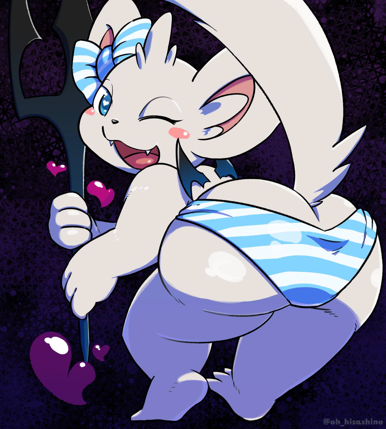 ambiguous_gender anthro ass ass_focus big_ass blush chinchilla demon fangs fur furry heart heart-shaped_pupils hi_res hisashino minccino open_mouth panties pokémon_(species) pokemon pokemon_(species) tagme tail thiccino_(mincheeto) thick_thighs