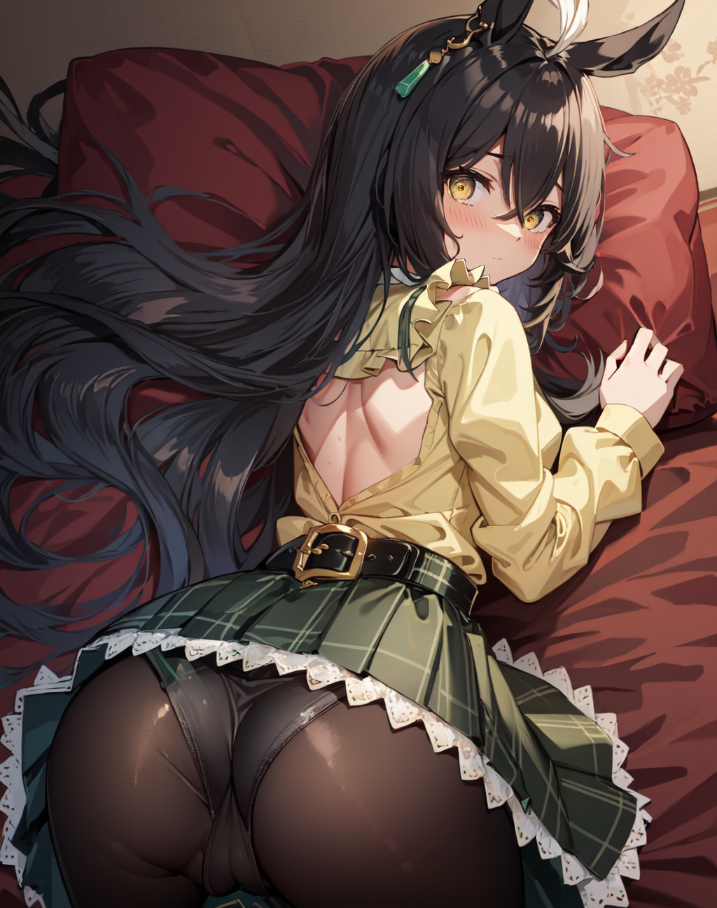 ahoge ai_generated animal_ears black_hair female horse_girl long_hair manhattan_cafe_(umamusume) panties_under_pantyhose stockings umamusume umamusume_pretty_derby yellow_eyes