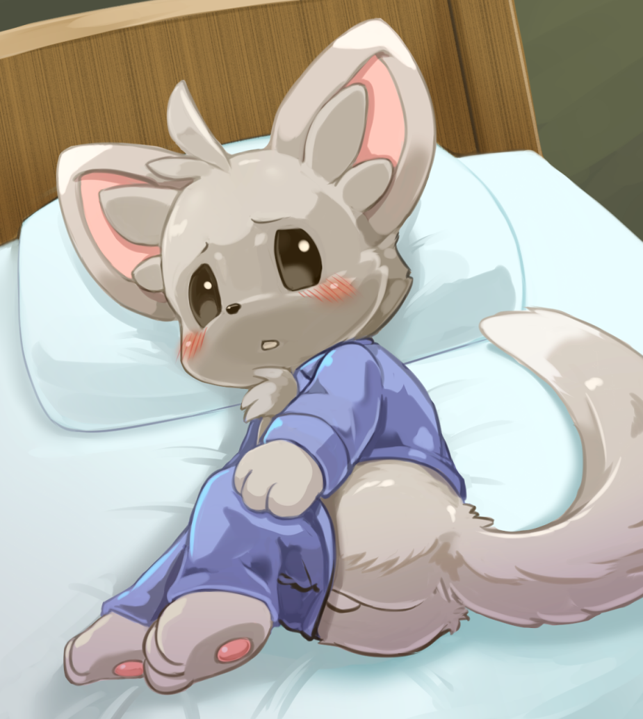 backsack balls blush butt chinchilla cub digital_media_(artwork) fur furry looking_at_viewer male male_only minccino on_bed pillow pokémon_(species) pokemon pokemon_(species) pulling_down_pants tagme tail tuft worried yojoo