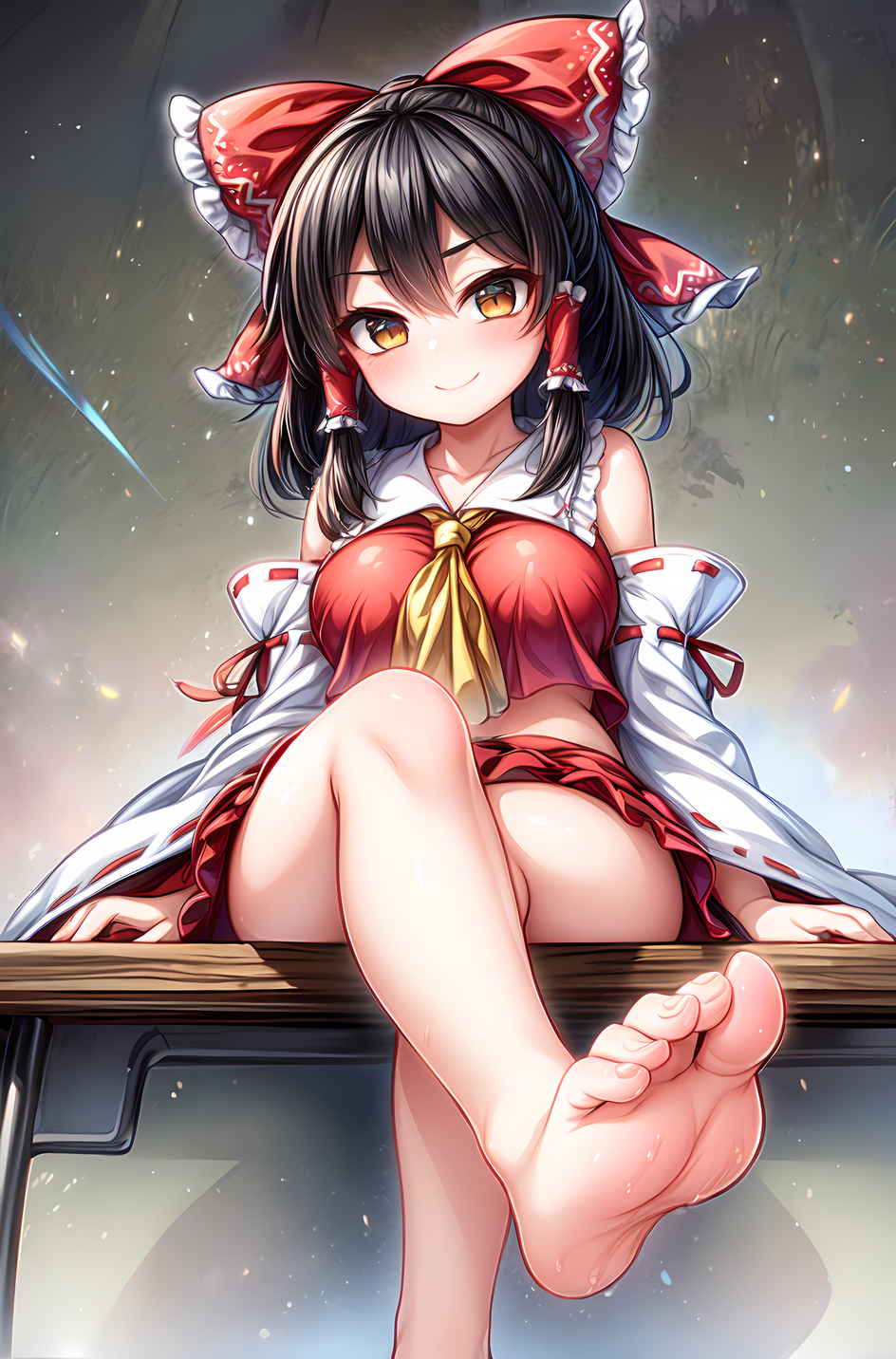 1girls 5_toes ai_generated alternate_breast_size barefoot big_breasts black_hair blush brown_eyes clothed crossed_legs feet female female_focus female_only foopanthia foot_fetish foot_focus from_below legs long_hair looking_at_viewer looking_down reimu_hakurei sitting smile sole_female soles solo solo_female solo_focus teasing thick_thighs thighs toes touhou