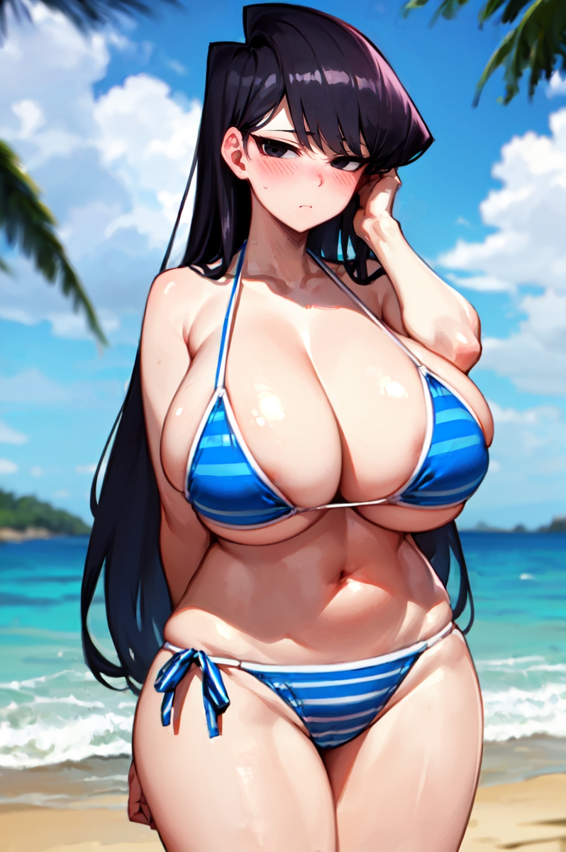 1girls, ai generated, bare shoulders, beach, big breasts, big thighs, bikini, black eyes, black hair, blush, breasts, busty, cleavage, curvy, female, female only, huge breasts, huge thighs, komi shouko, komi-san wa komyushou desu, large breasts, large thighs, milkersenjoyer, navel, sea, solo, solo female, swimsuit, thick thighs, thighs, voluptuous