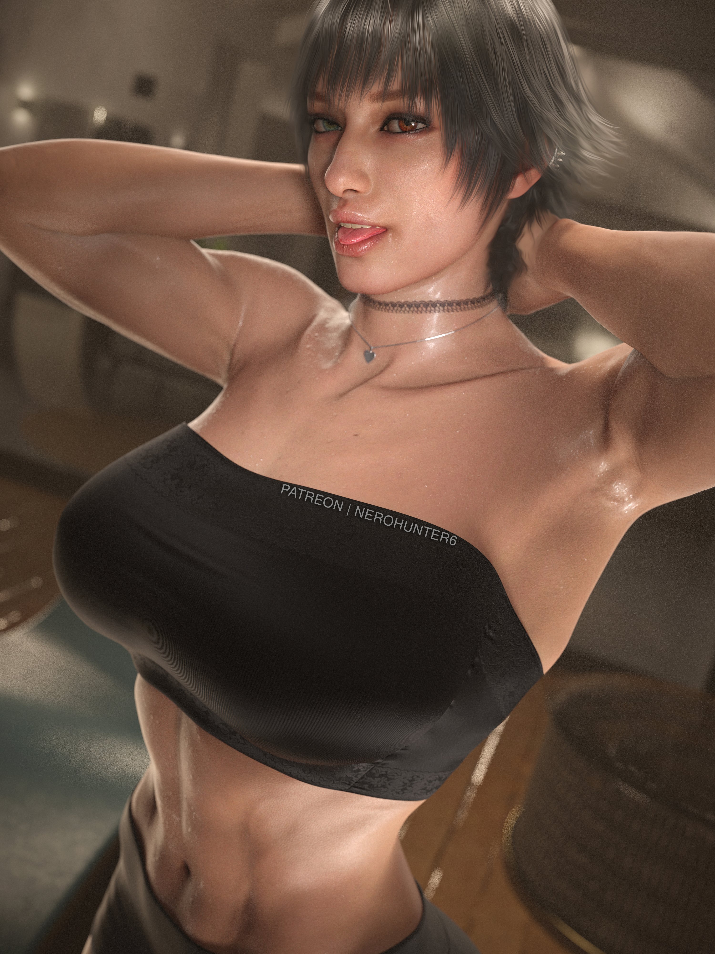 1girls, 3d, abs, absurdres, big breasts, black hair, black nail polish, black nails, breasts, capcom, devil may cry, devil may cry (series), devil may cry 5, female, female only, fit, fit female, heterochromia, highres, lady (devil may cry), nail polish, nerohunter6, perfect body, realistic, short hair, solo, solo female, thick thighs, toned, toned female, tube top, tubetop
