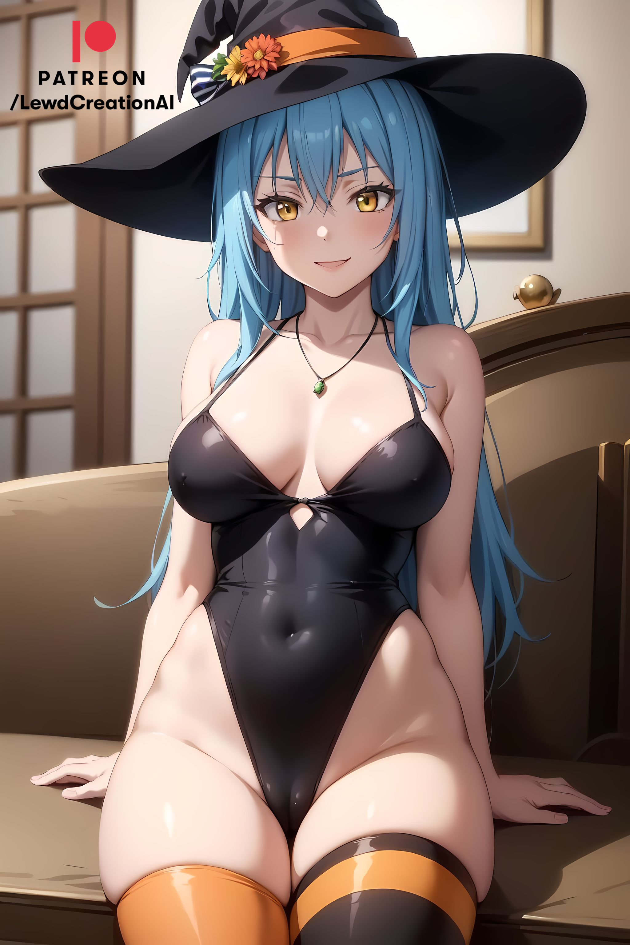 1girls, ai generated, big breasts, blue hair, breasts, cleavage, cleavage cutout, female, female only, glowing eyes, golden eyes, halloween, halloween costume, indoors, lewdcreationsai, lingerie, looking at viewer, navel, navel visible through clothes, necklace, rimuru tempest, smile, smiling, smiling at viewer, smirk, smirking, smirking at viewer, solo, tensei shitara slime datta ken, thick thighs, thigh gap, thigh highs, thighhighs, thighs, witch, witch costume, witch hat, yellow eyes