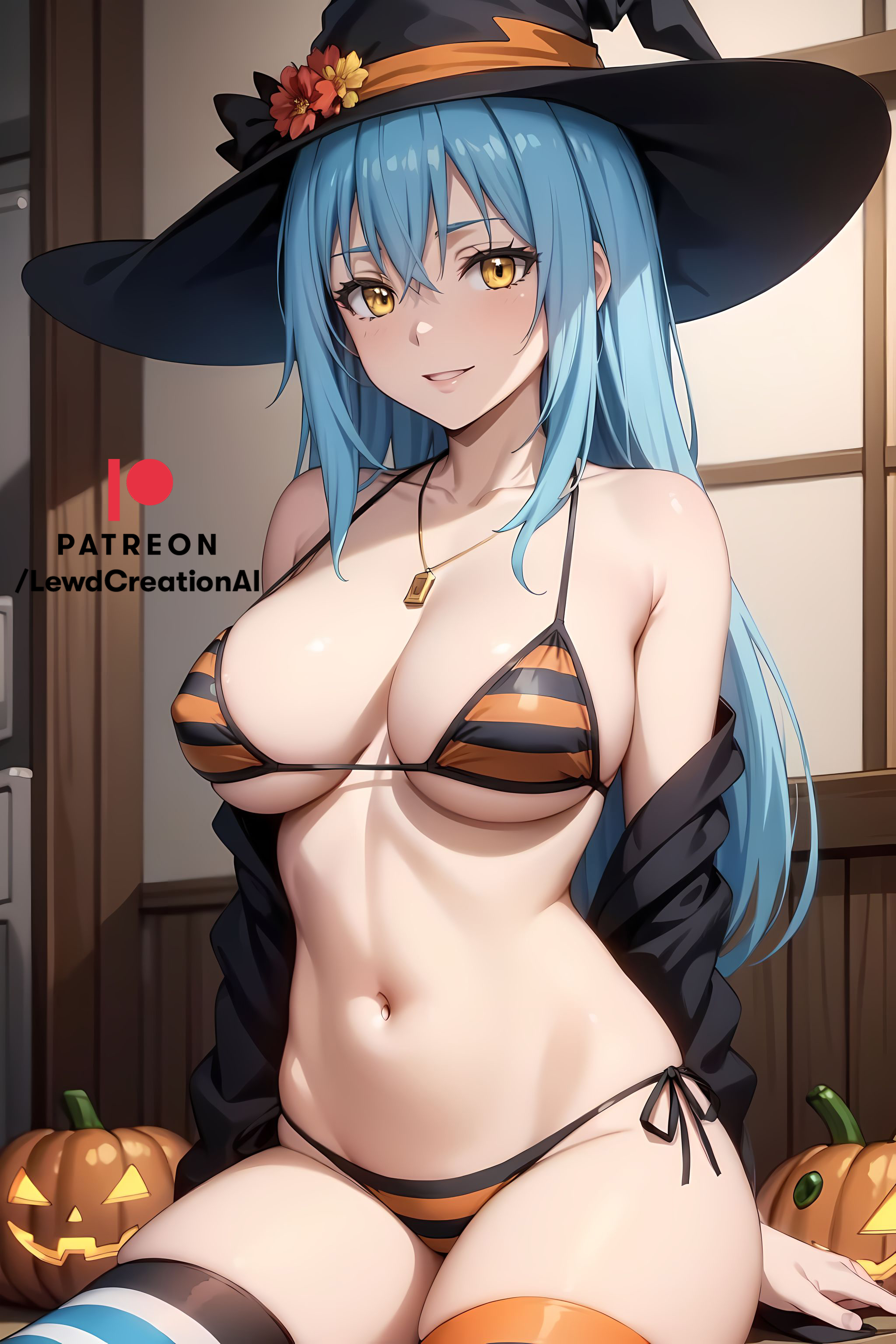 1girls, ai generated, big breasts, bikini, bikini bottom, bikini top, blue hair, breasts, cleavage, cleavage cutout, female, female only, glowing eyes, golden eyes, halloween, halloween costume, indoors, lewdcreationsai, looking at viewer, navel, necklace, rimuru tempest, smile, smiling, smiling at viewer, smirk, smirking, smirking at viewer, solo, tensei shitara slime datta ken, thick thighs, thigh highs, thighhighs, thighs, witch, witch costume, witch hat, yellow eyes
