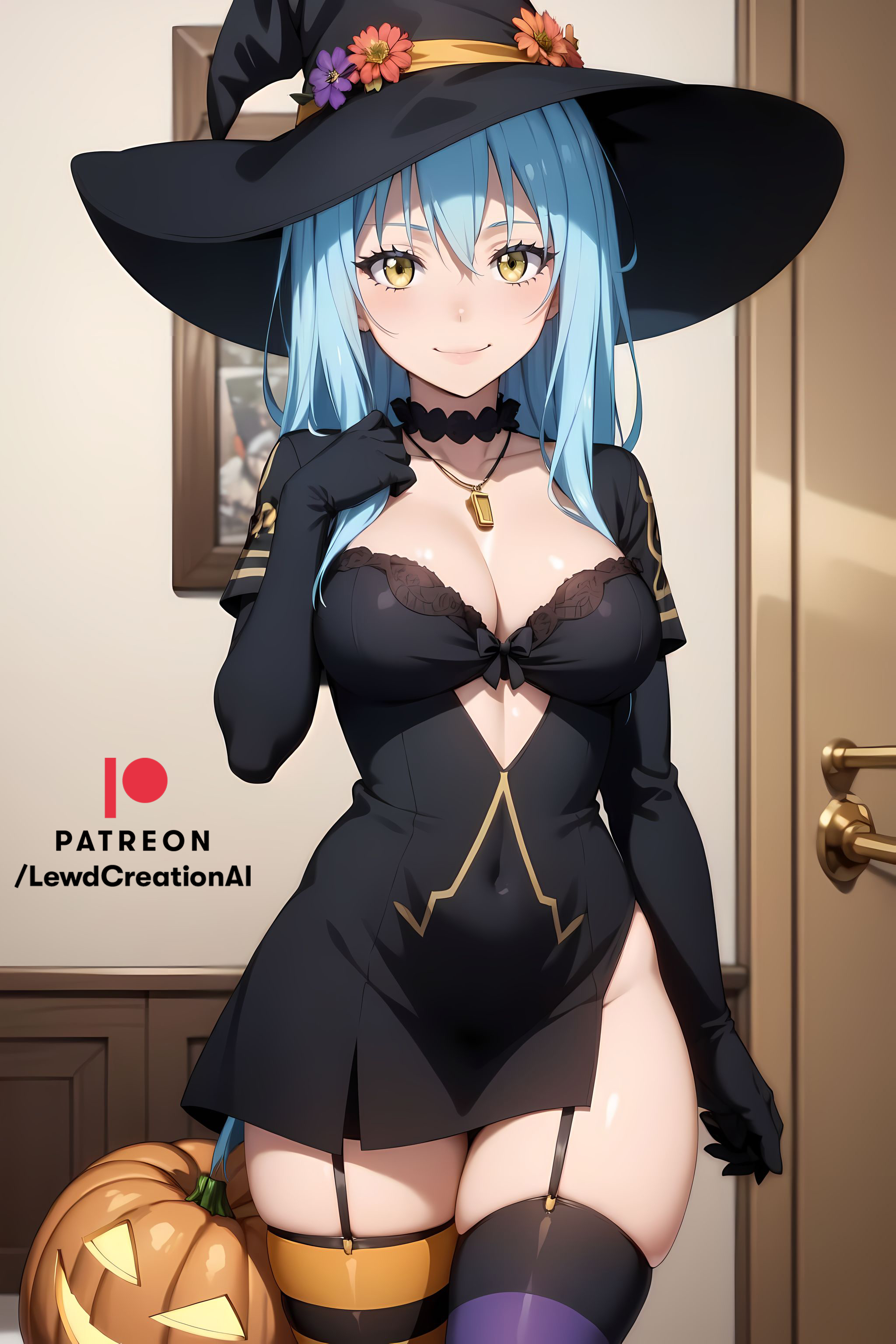 1girls, ai generated, big breasts, blue hair, breasts, choker, cleavage, cleavage cutout, female, female only, glowing eyes, golden eyes, halloween, halloween costume, indoors, lewdcreationsai, looking at viewer, navel, necklace, rimuru tempest, smile, smiling, smiling at viewer, smirk, smirking, smirking at viewer, solo, tensei shitara slime datta ken, thick, thick thighs, thigh highs, thighhighs, thighs, witch, witch costume, witch hat, yellow eyes