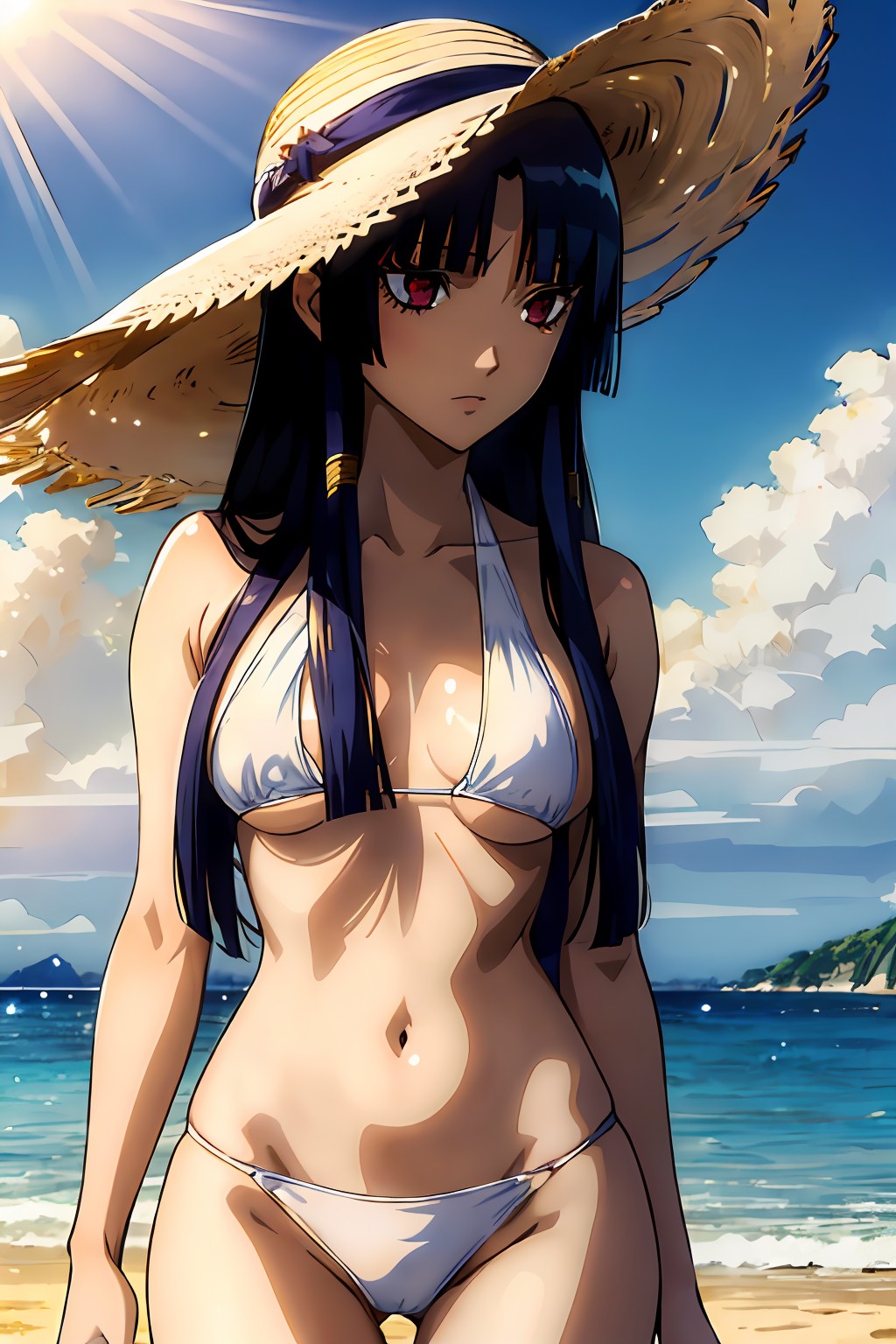 ai_generated alternate_costume beach bikini blue_hair dark_blue_hair expressionless female female_only gintama hime_cut imai_nobume long_hair medium_breasts nai_diffusion outdoors outside red_eyes solo stable_diffusion straw_hat sun_hat swimsuit underboob white_bikini wide_hips