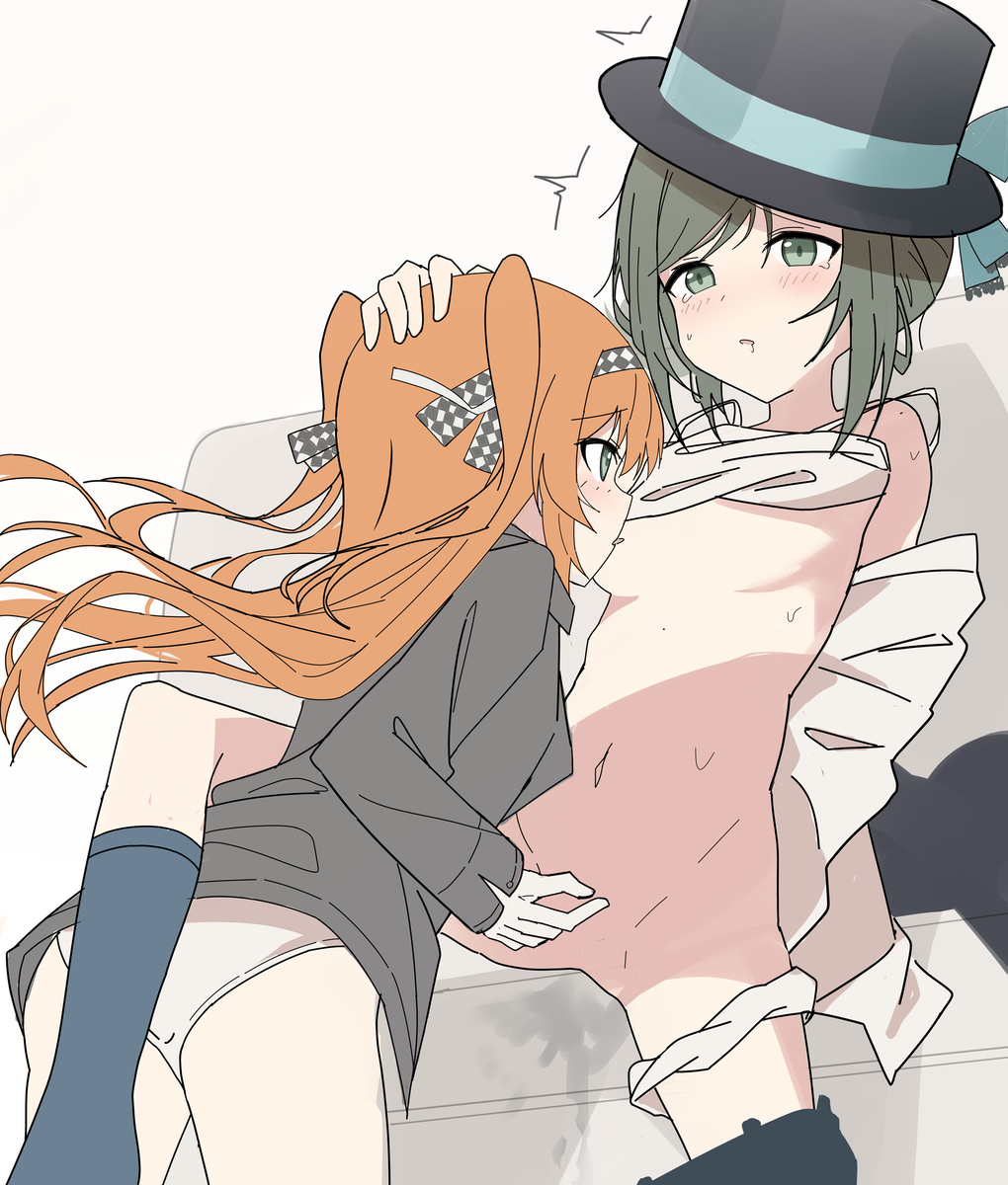 2girls, blush, breast sucking, breasts, clitoral stimulation, clitoris, drooling, female, fingering, green eyes, hair ornament, hair ribbon, half-closed eyes, headband, holding head, leg lock, leg wrap, licking nipples, long hair, multiple females, multiple girls, naked shirt, nipple licking, nipple play, orange hair, panties, panties around leg, panties around one leg, panties down, pussy, reverse:1999, short hair, simple background, small breasts, sonetto (reverse:1999), squirting, suit, sweat, top hat, vertin (reverse:1999), yuri