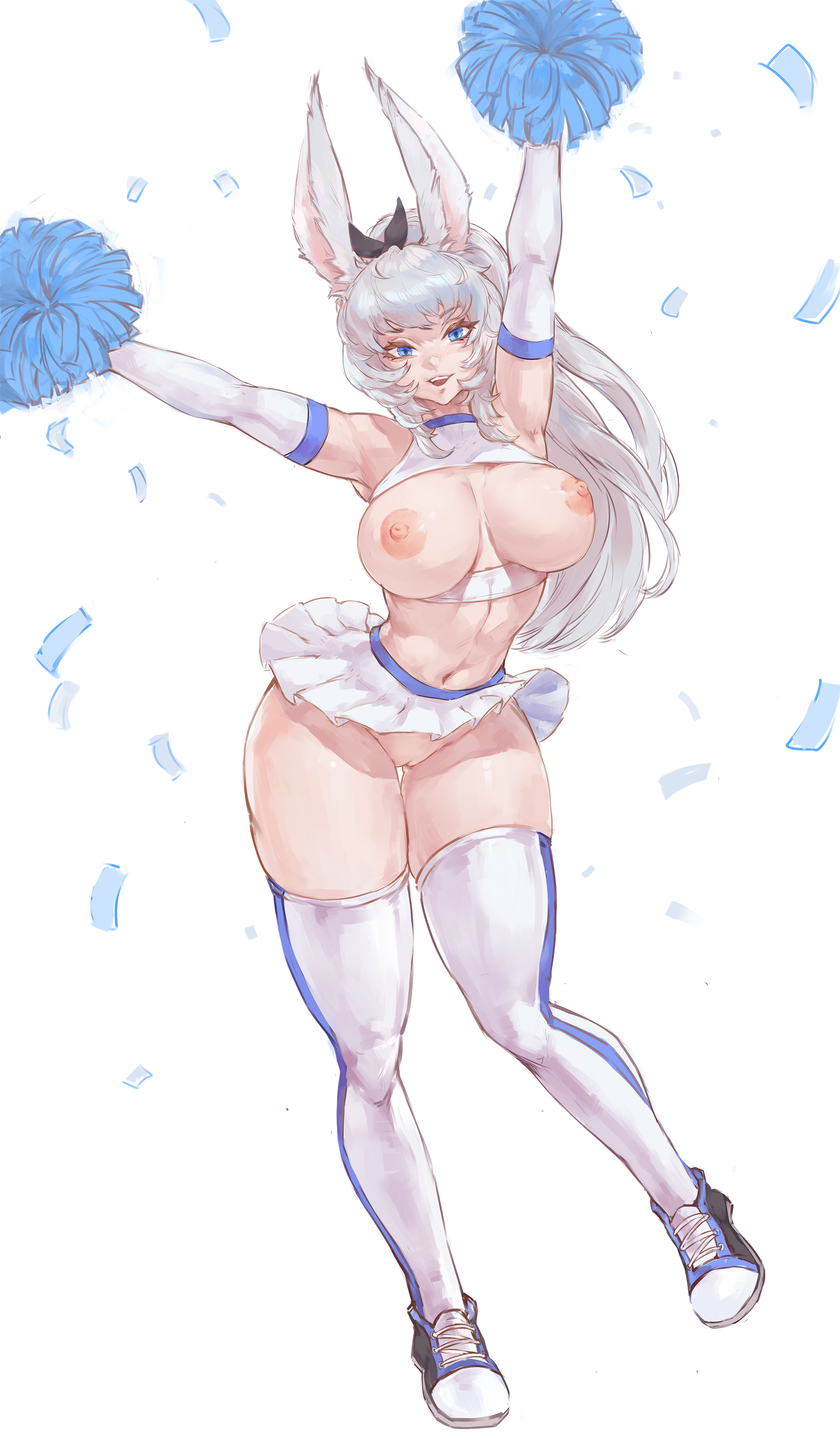 1girls, blue eyes, bow, breasts, bunny ears, bunny girl, cheerleader uniform, female, large breasts, light skin, light-skinned female, long hair, nipples, no bra, no panties, pom poms, pussy, skirt, tezy8art, thighhighs, white hair