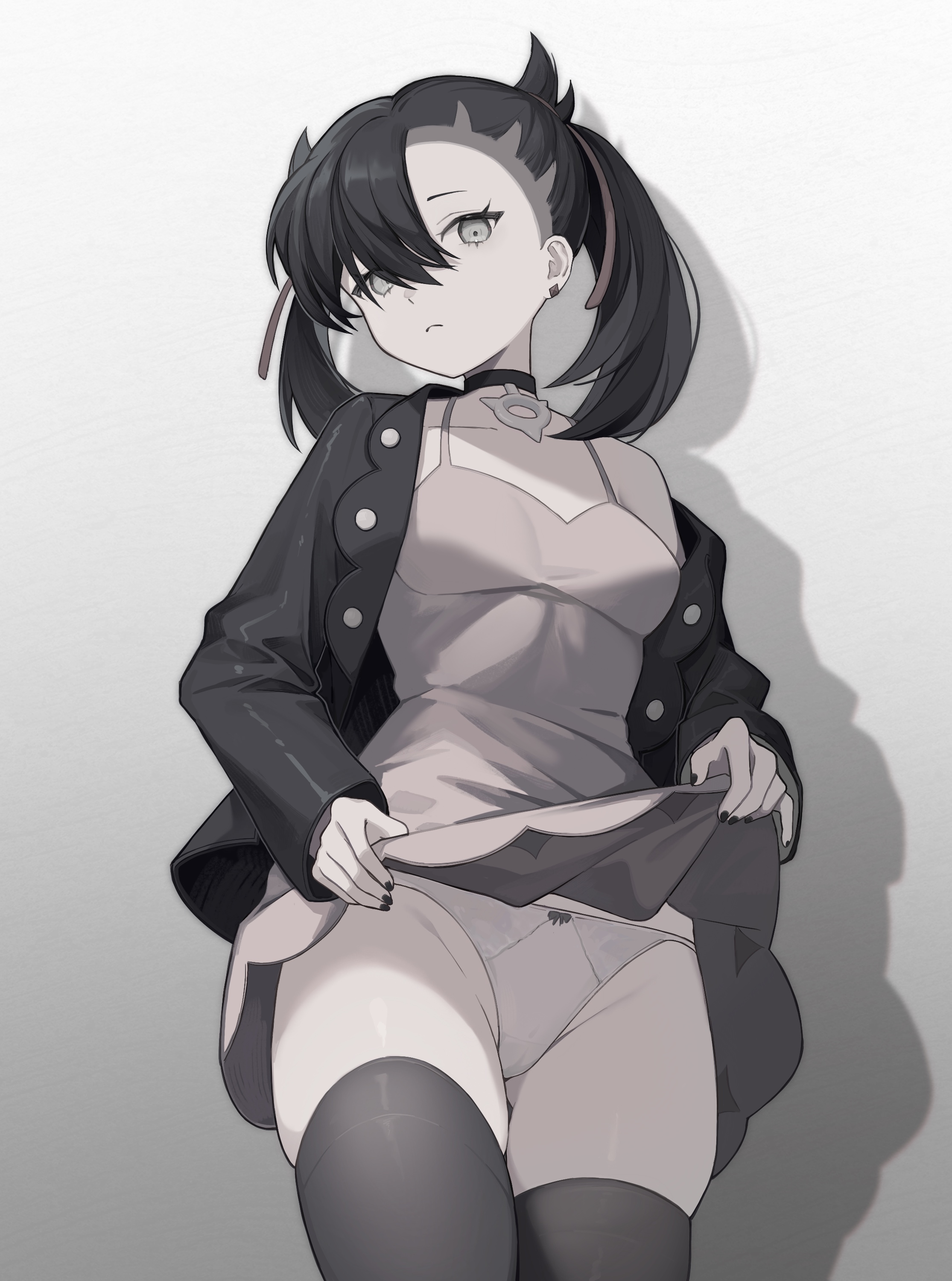 1girls, absurdres, black choker, black hair, black jacket, black nails, brown jacket, choker, closed mouth, clothes lift, collarbone, commentary, creatures (company), dress, dress lift, earrings, eyelashes, female, female only, game freak, hair ribbon, highres, jacket, jewelry, lifted by self, looking down, marnie (pokemon), nail polish, nintendo, open clothes, open jacket, panties, pokemon, pokemon (game), pokemon ss, rcs 4, ribbon, solo, symbol-only commentary, thighhighs, twintails, underwear