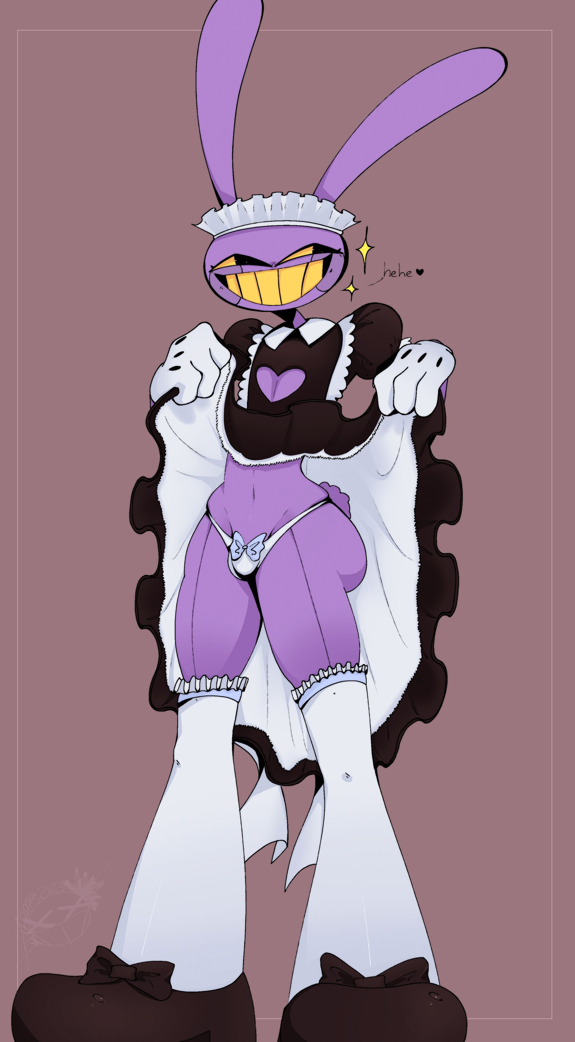 anthro, artist request, ass, boob window, breasts, bunny, bunny ears, canonical outfit, glitch productions, gloves, jax (the amazing digital circus), lifting clothing, looking to the side, maid, maid jax (the amazing digital circus), maid uniform, male, male focus, male only, panties, purple body, smile, smiling, solo male, tagme, the amazing digital circus, thighs, yellow eyes, yellow mouth