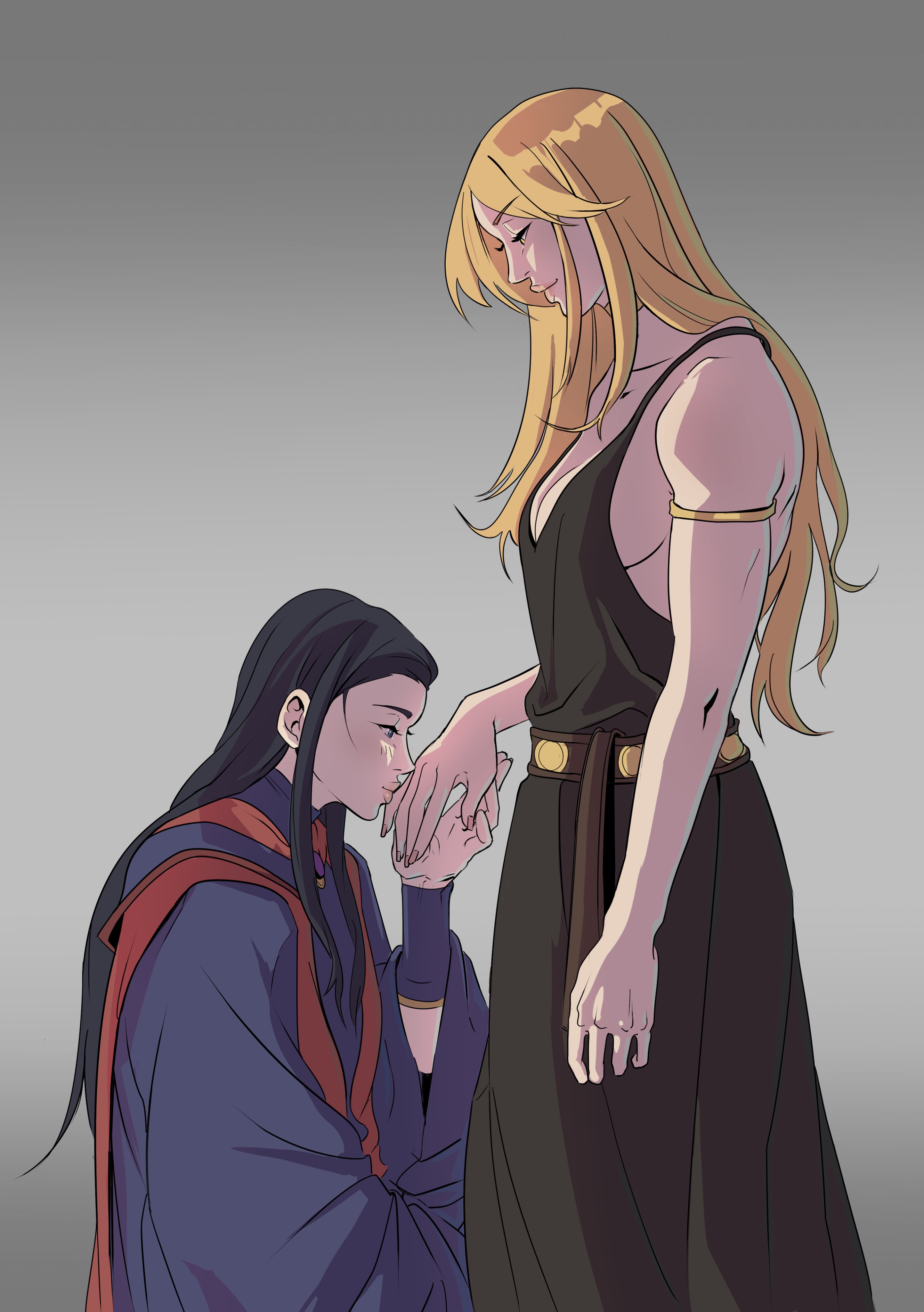 2girls, big breasts, blonde hair, breasts, cleavage, elden ring, female, female only, fromsoftware, goddess, kissing, kissing hand, milf, queen marika the eternal, rennala queen of the full moon, sideboob, sm (artist), wholesome, wife and wife, yuri