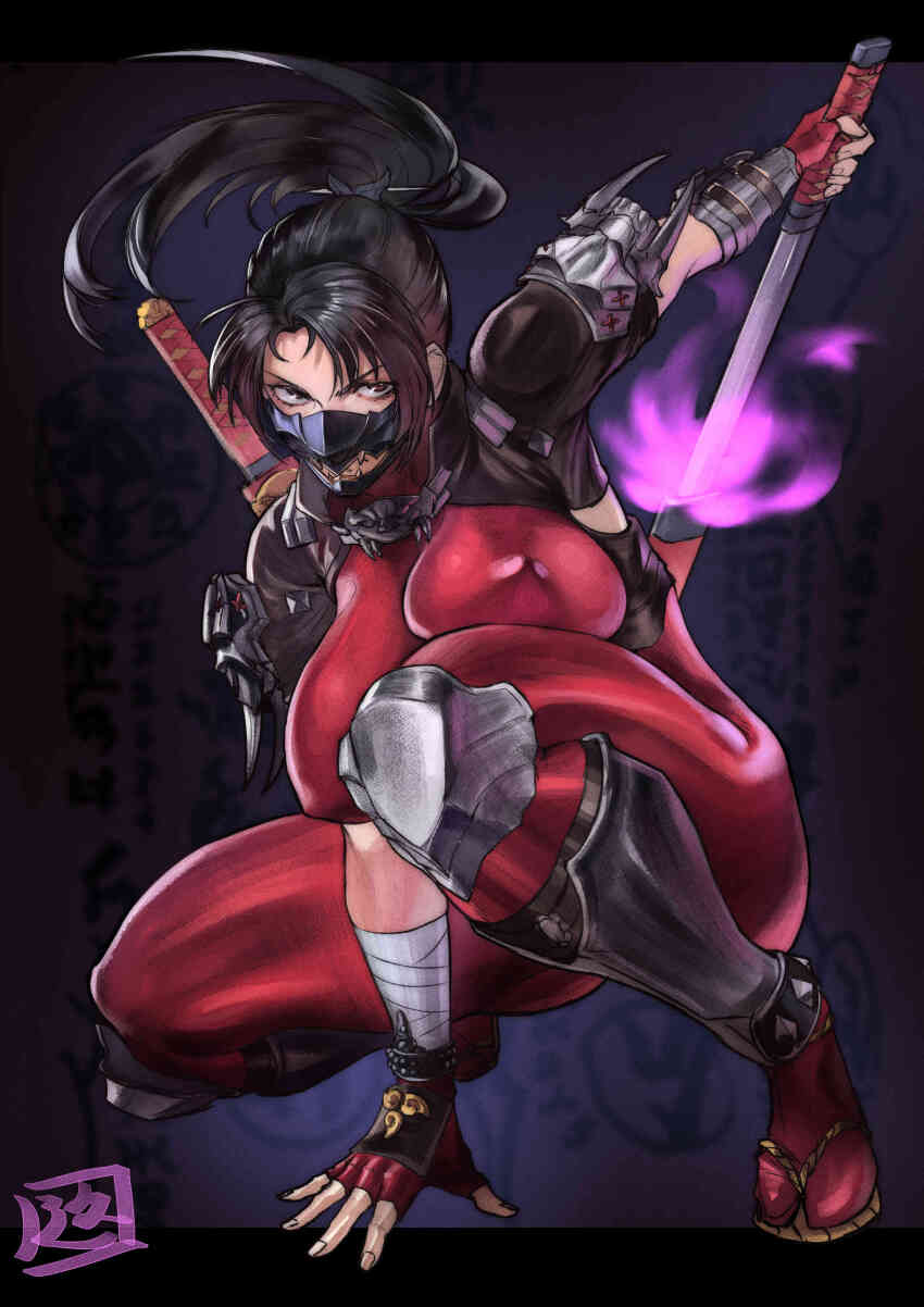 1girls absurdres asian asian_female aura black_hair bodysuit breasts brown_eyes colored_fire energy female fingerless_gloves fire gloves glowing hard_nipples highres juaagacgy kyuuakaku large_breasts long_hair mask mouth_mask ninja ninjatou nipples nipples_through_clothes ponytail purple_fire red_bodysuit sheath sheathed shin_guards short_sword shoulder_guard skin_tight solo soul_calibur soul_calibur_vi sword tabi taki weapon weapon_on_back