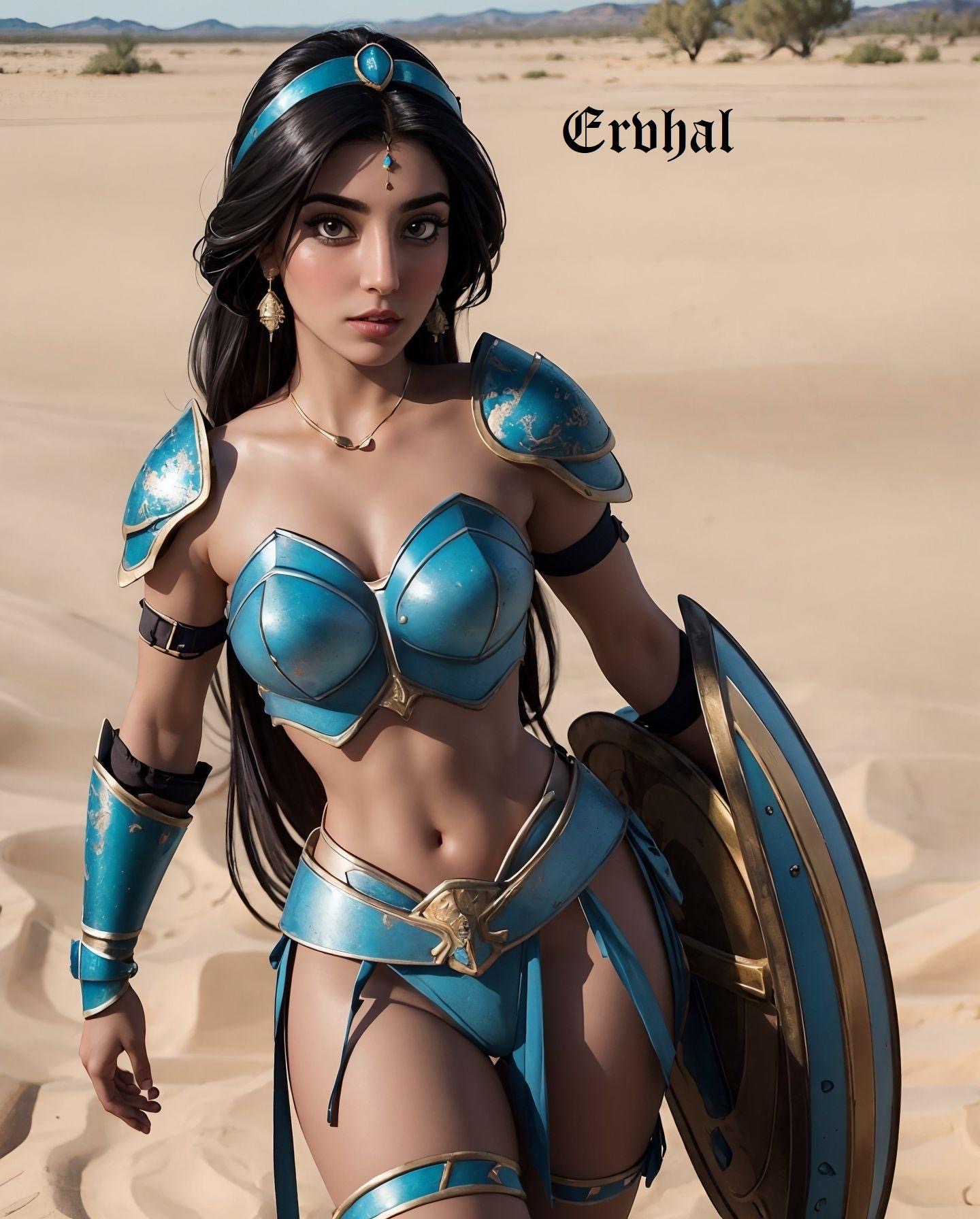 1girls, ai generated, aladdin, aladdin (1992 disney film), armor, athletic, athletic female, bikini, bikini armor, black hair, black-haired female, desert, desert background, disney, disney princess, earrings, ervhal, female, female focus, female human, female only, human female, looking at viewer, middle eastern, middle eastern female, outdoors, outside, princess jasmine, shield, warrior, young, young female, younger female
