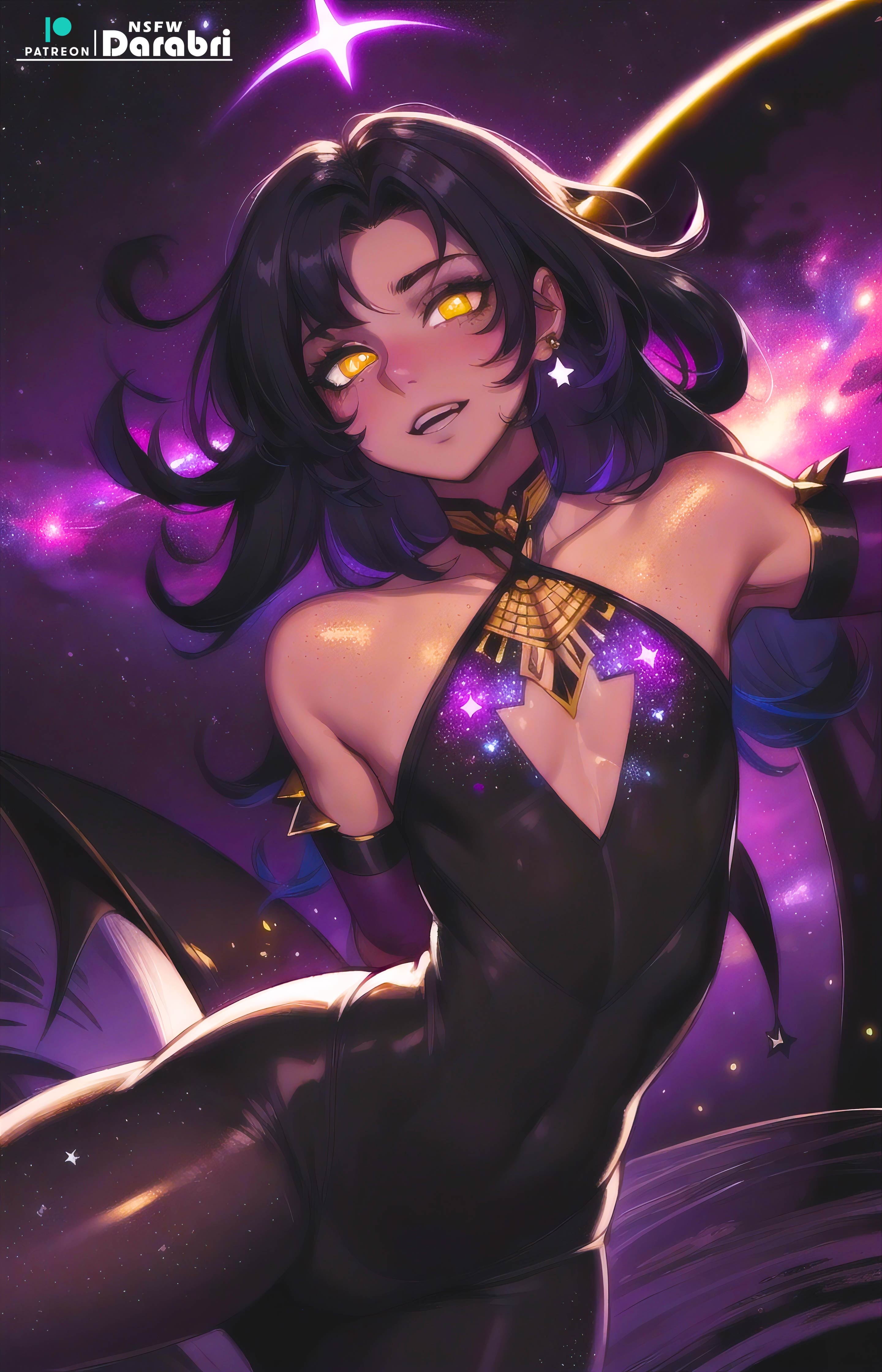 abstract background, absurd res, ai generated, armpits, arms behind back, beige skin, black hair, blush, collarbone, color, colored, cute, darabri, detailed, dress, earrings, femboy, feminine male, flat chest, freckles, girly, goddess, hands behind back, happy, hi res, logo, long hair, male, navel, open mouth, otoko no ko, outline, patreon, patreon logo, pov, pov eye contact, restia, smile, solo, solo focus, solo male, space, space background, thick thighs, thighs, tight clothing, tights, toned, trap, yellow eyes