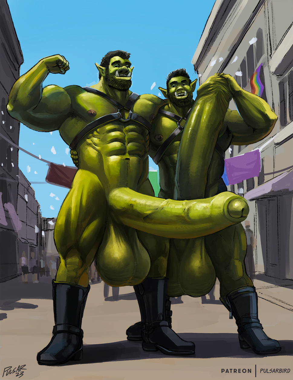 2boys bara barazoku bodybuilder hyper hyper_balls hyper_cock hyper_genitalia hyper_penis hyper_testicles male male_only muscles muscular muscular_arms muscular_male muscular_thighs orc pulsar thick_thighs