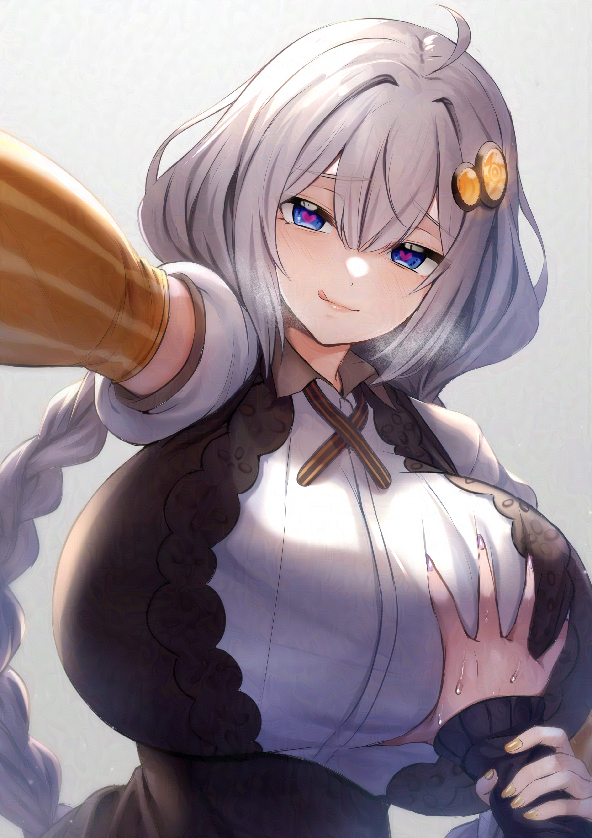 2girls, artist request, big breasts, blue eyes, breasts, clothed female, dominant female, female, grabbing breasts, hairclip, heart-shaped pupils, huge breasts, kizuna akari, licking lips, light skin, light-skinned female, looking at viewer, naughty face, pov, silver hair, tongue, tongue out, twintails, voiceroid, white background, white hair
