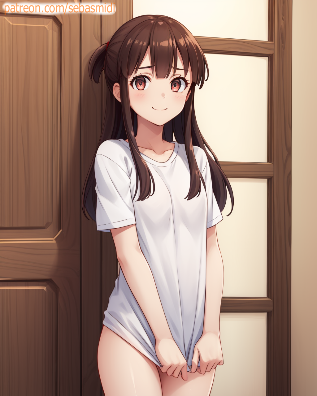 1girls ai_generated brown_eyes brown_hair kagari_atsuko long_hair looking_at_viewer no_panties ponytail sebasmidi shirt