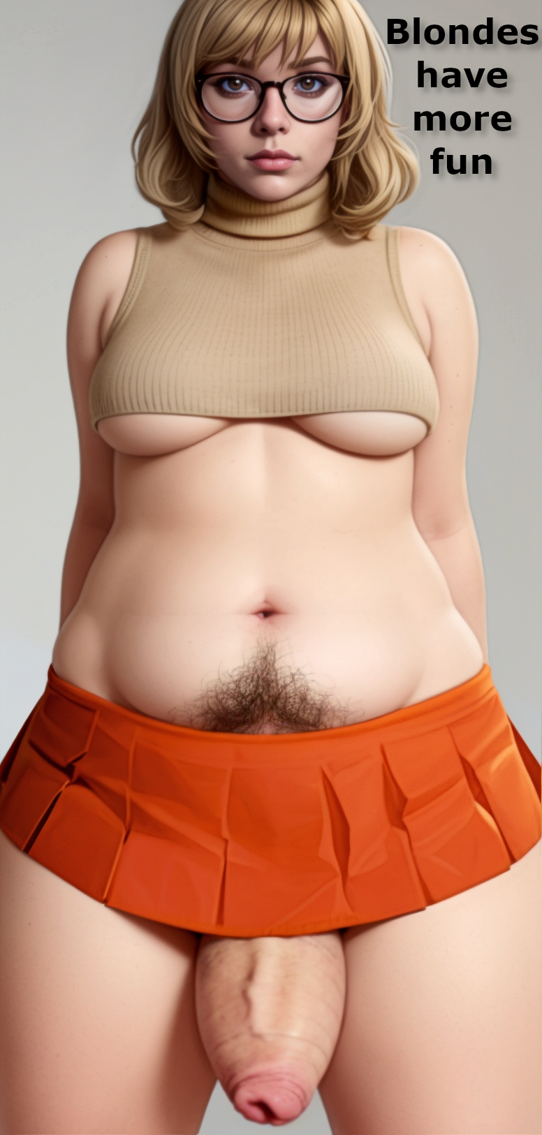 3d, ai generated, belly, blonde hair, breasts, chubby, chubby female, chubby futa, dyed hair, fat, female, flaccid, foreskin, futa only, futanari, glasses, hdregrets, intersex, miniskirt, penis, plump, pubic hair, scooby-doo, skirt, solo futa, thick penis, thick thighs, thighs, uncircumcised, uncut, underboob, velma dinkley