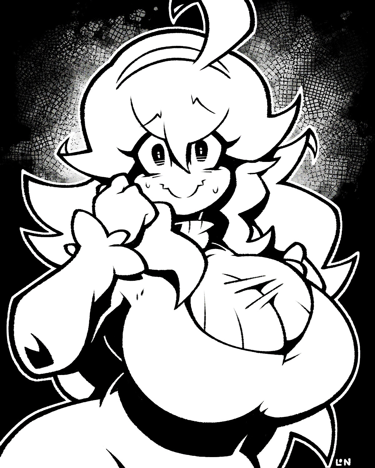 1girls, alternate breast size, big breasts, black and white, breasts, cleavage, clothing, cute, female, female only, game freak, halloween, headband, hex maniac, huge breasts, legendofnerd, looking at viewer, messy hair, nervous, nervous sweat, nintendo, pokemon, pokemon xy, solo, sweat, thick thighs