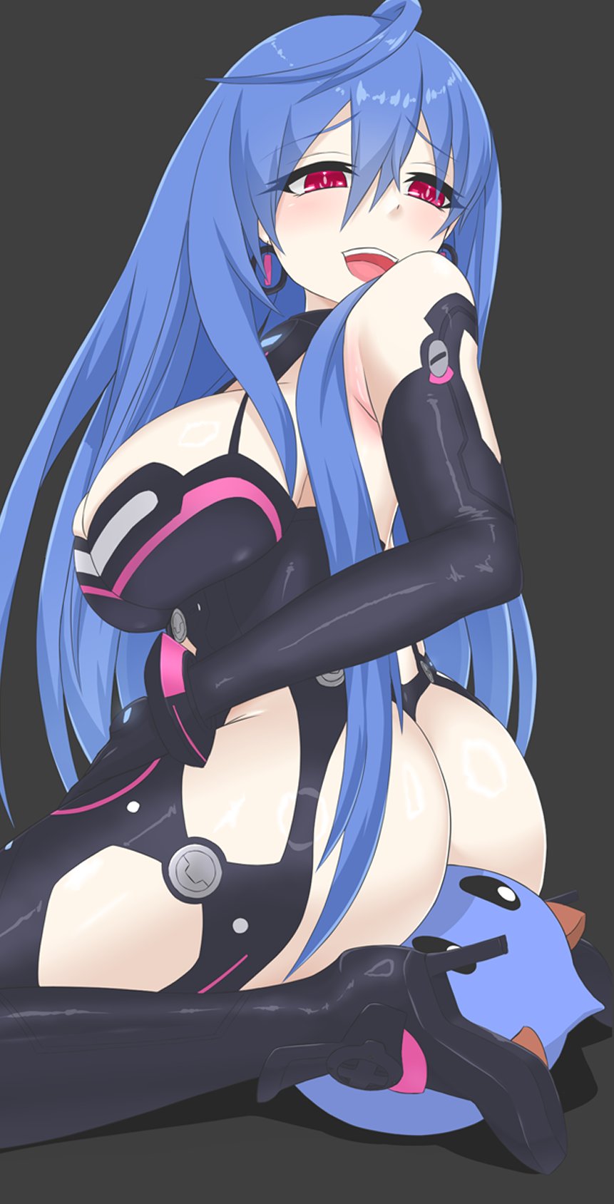 1girls ass blue_hair blush breasts cleavage dogoo facesitting iris_heart jewelry neptunia_(series) plutia polyester_(artist) power_symbol-shaped_pupils red_eyes slime_monster