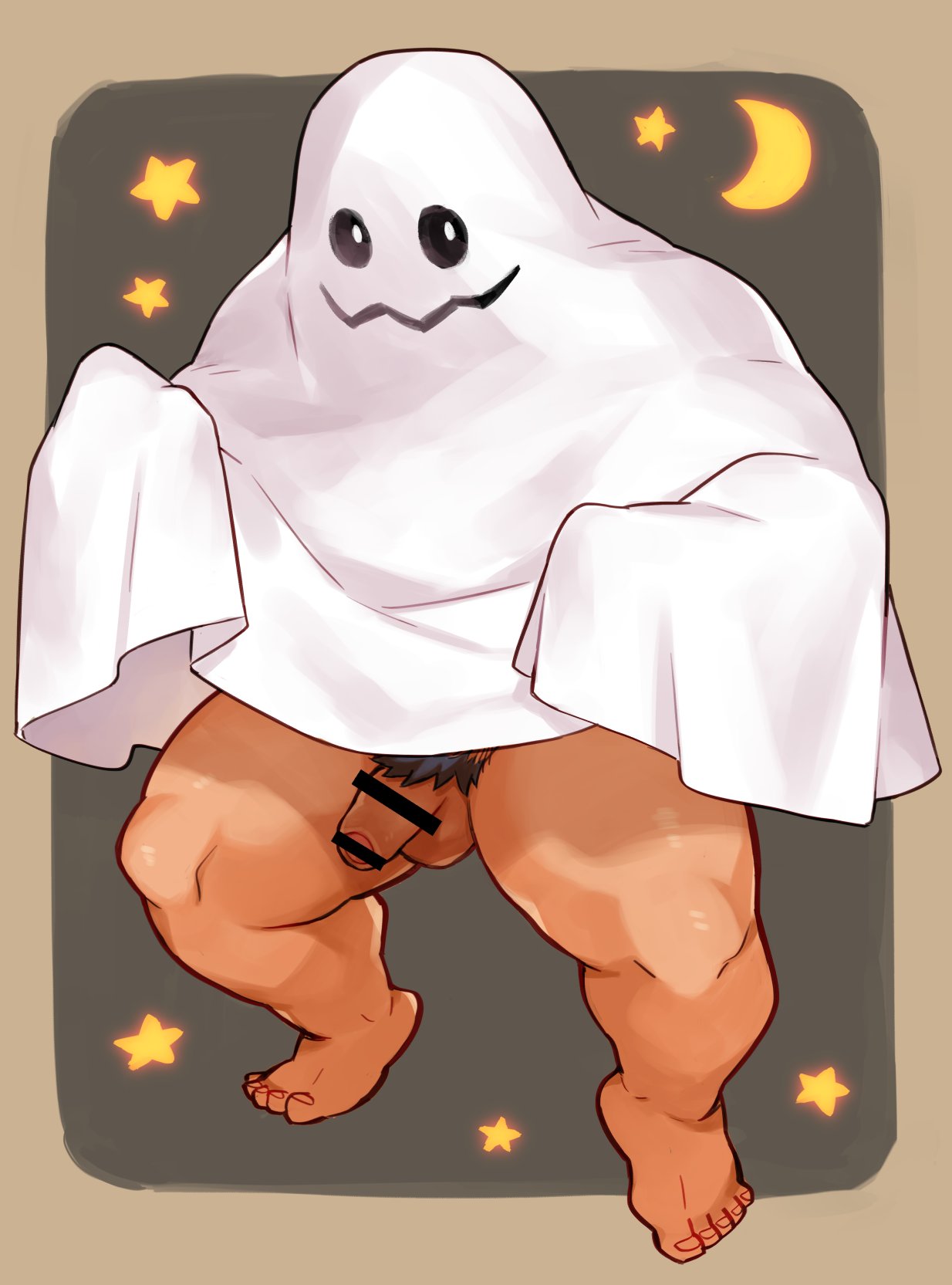 1boy arms_up bar_censor bara barefoot censored flaccid foreskin ghost_costume halloween highres kuro_nezumi_inu male_focus male_pubic_hair muscular muscular_male nude original penis pubic_hair testicles thick_thighs thighs translation_request