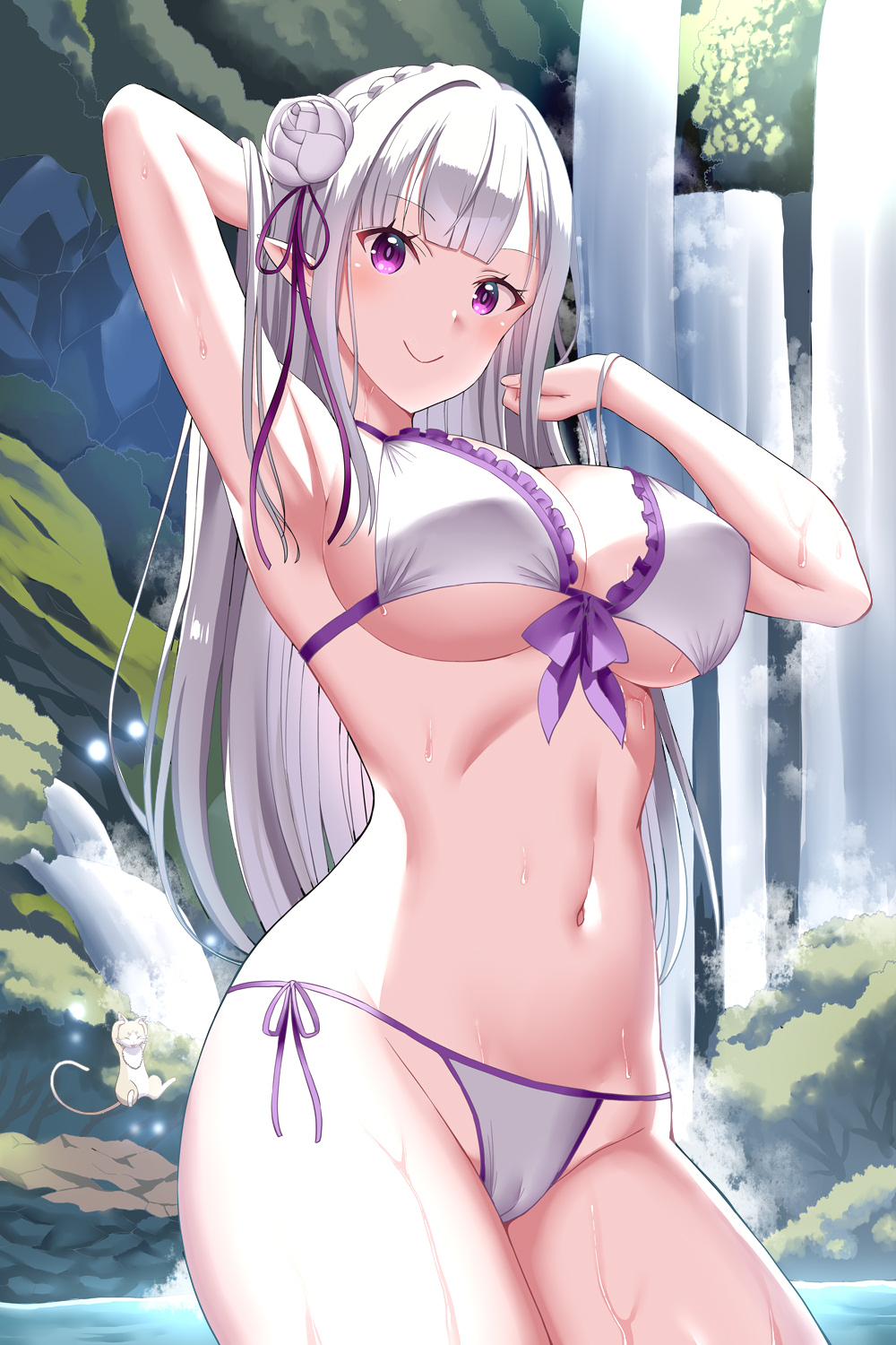 1girls, 2d, armpits, bikini, breasts, emilia (re:zero), female, female only, gibuchoko, large breasts, long hair, midriff, pointy ears, purple eyes, re:zero kara hajimeru isekai seikatsu, silver hair, smile, swimsuit, tagme, waterfall, wet