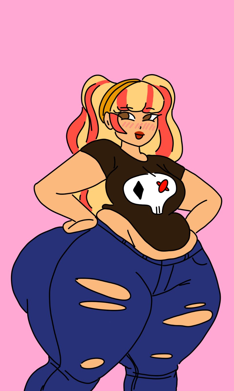 belly blonde_hair chubby chubby_female huge_breasts huge_hips long_hair red_dye skull