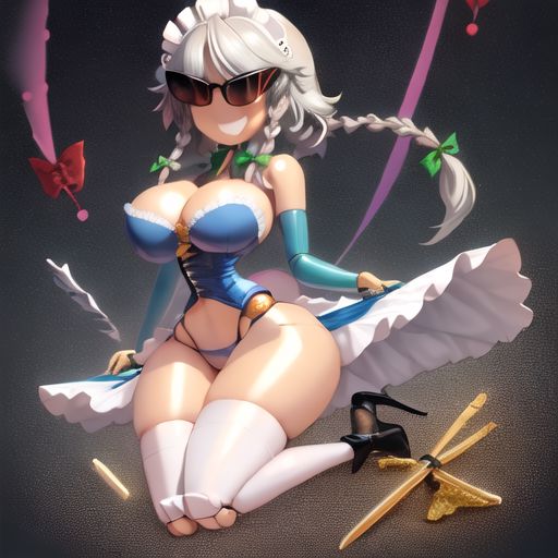 ai_generated armpits bimbo bimbo_body bimbofication bimbofied body_modification cleavage corset dollification female garter_straps high_heels hourglass_figure huge_ass huge_breasts implied_transformation knick_knack midriff npg8993 panties permanent_smile sakuya_izayoi smile sunglasses sunnification thick_thighs thin_waist touhou transformation wide_hips