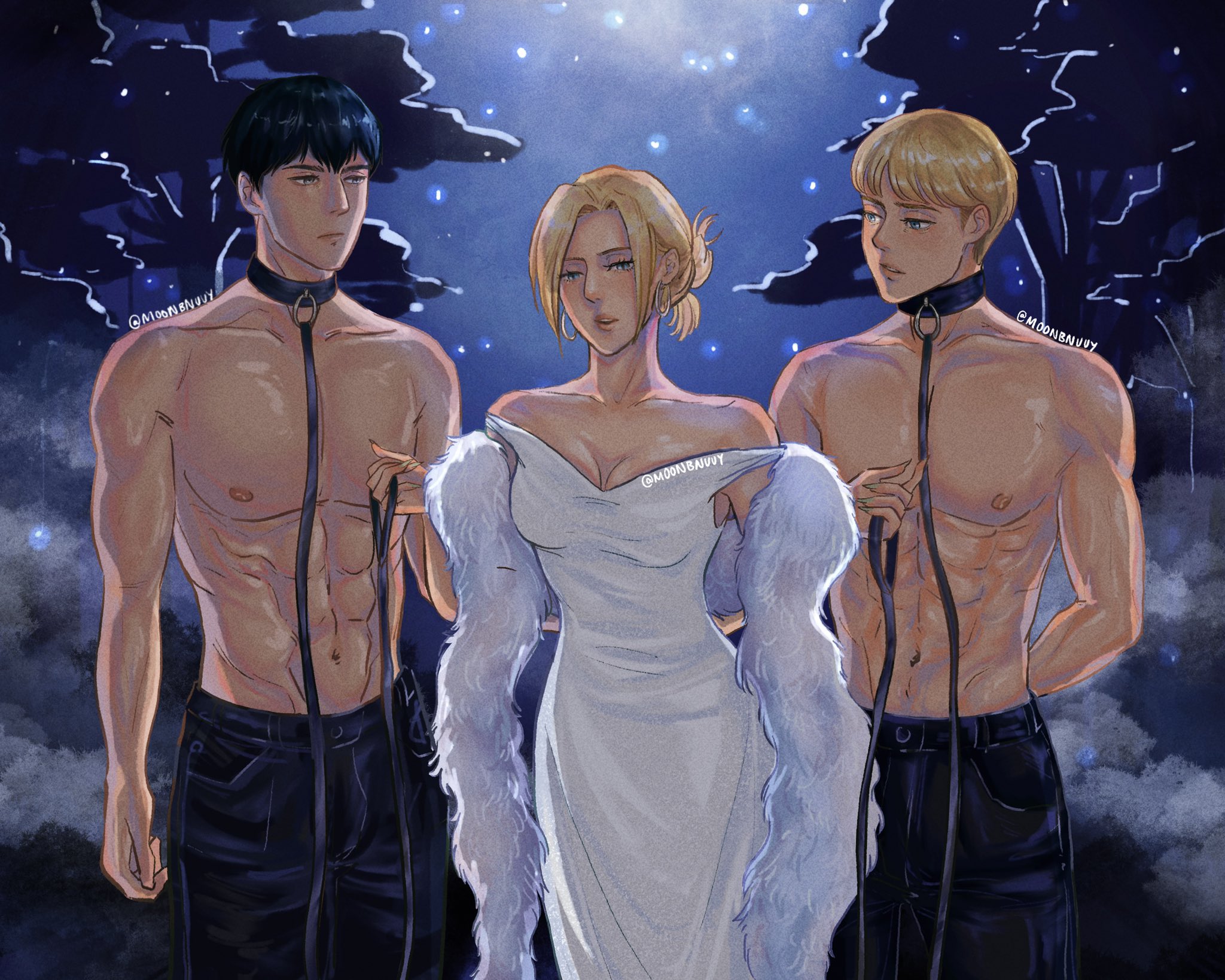 1girls, 2boys, abs, annie leonhardt, armin arlert, attack on titan, bertolt hoover, blonde female, blonde hair, cleavage, collar, elegant dress, female, femdom, leash, leash and collar, male, malesub, muscles, muscular, muscular male, night sky, nighttime, outdoors, shingeki no kyojin, shirtless, shirtless male, threesome, white dress