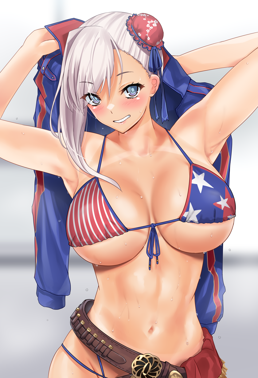 1girls american_flag_bikini armpits arms_behind_head bikini blush breasts fate/grand_order fate_(series) gachou huge_breasts miyamoto_musashi_(fate) miyamoto_musashi_(swimsuit_berserker) solo sweat tanline