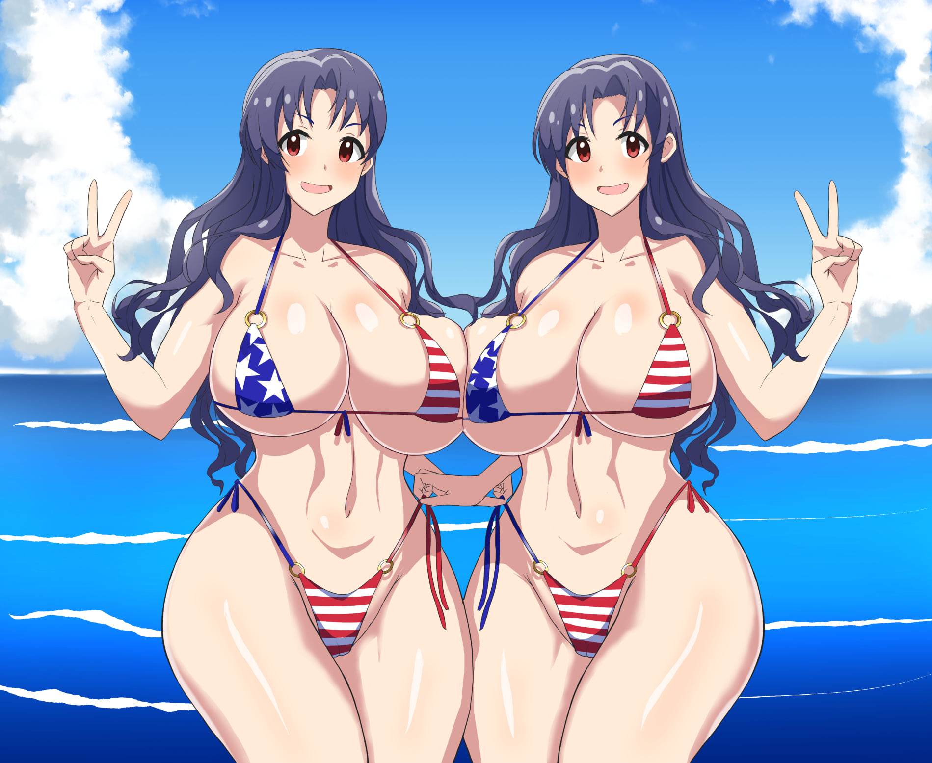 2girls, alternate breast size, alternate hairstyle, american flag, american flag bikini, american flag legwear, ass, asymmetrical docking, beach, bikini, black hair, blue hair, blue sky, blush, breast press, breasts, cleavage, cloud, dual persona, female, female only, flag print, front-tie bikini top, front-tie top, highleg, highleg bikini, highleg swimsuit, highres, horizon, huge ass, huge breasts, idolmaster, idolmaster million live!, jewelry, large breasts, long hair, medium hair, midriff, multicolored bikini, multicolored clothes, multiple females, multiple girls, navel, ocean, open mouth, parted bangs, peace sign, red eyes, ring, ring bikini, ringlets, selfcest, side-tie bikini bottom, sky, smile, stomach, strap pull, string bikini, swimsuit, symmetry, takayama sayoko, thong bikini, toned, toned stomach, two-tone bikini, v, wide hips, yuri