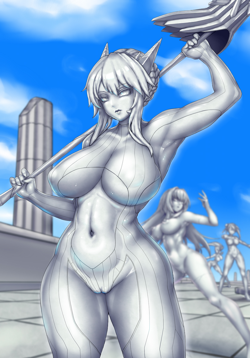 4girls armpit_cutout armpits artoria_pendragon_(lancer_alter) blue_sky broken_column cameltoe change_of_status cloud column covered_nipples day daytime depth_of_field facing_viewer fate_(series) female female_only french_braid horns huge_ass huge_breasts linea_alba lips long_hair medium_breasts midriff minamoto_no_raikou_(fate/grand_order) miyamoto_musashi_(fate) multiple_girls navel navel_cutout navel_line nipples no_bra no_bra_under_clothes no_panties outdoors petrification post_transformation pussy revealing_clothes ruins scathach_(fate) short_hair_with_long_locks skin_tight stack_bond statuefication statuefied stone_floor thick_thighs tight_clothing toned toned_belly toned_body toned_female toned_legs toned_stomach tongue_out transformation twintails underboob weapon wide_hips