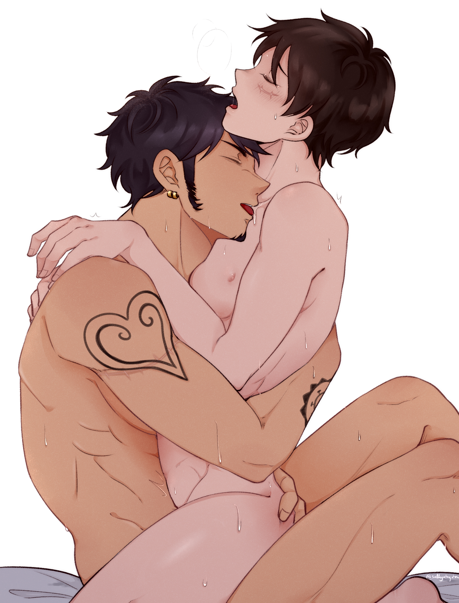anal, black hair, earrings, gay, long sideburns, male, male only, male/male, monkey d luffy, no visible genitalia, one piece, penetration, scar, sideburns, skinny, sweat, tattoo, trafalgar law, yaoi