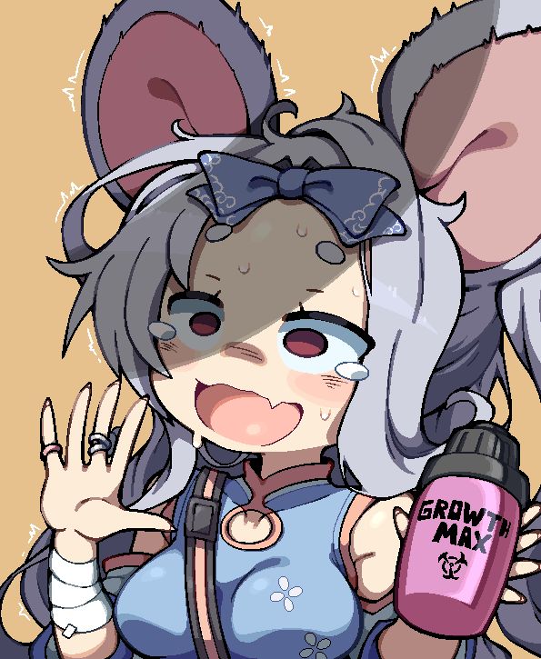 animal_ears average-hanzo blue_archive breasts eastern_alchemy_society_(blue_archive) female fingernails grey_hair hands_up jewelry long_fingernails long_hair looking_up medium_breasts mouse_ears oerba_yun_fang open_mouth orange_background penis_awe penis_shadow red_eyes ring saya_(blue_archive) shanhaijing_secondary_school_student simple_background skin_fang solo tearing_up trembling wide-eyed