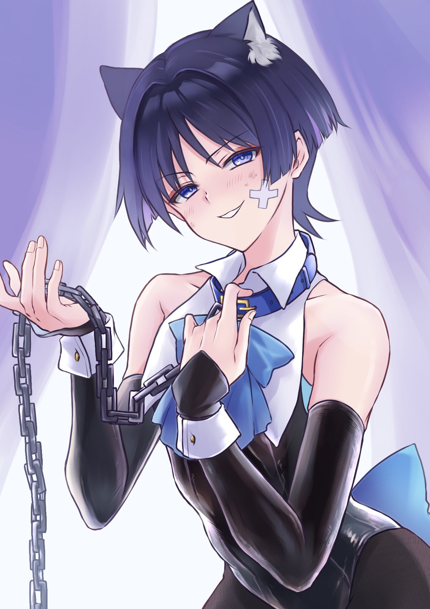 1boy, bare shoulders, blue eyes, blue hair, bunnysuit, cat ears, chain leash, clothed, crossdressing, femboy, genshin impact, leash, leash and collar, leotard, male, male only, naughty face, no sex, no visible genitalia, scaramouche (genshin impact), smile, trap, twink
