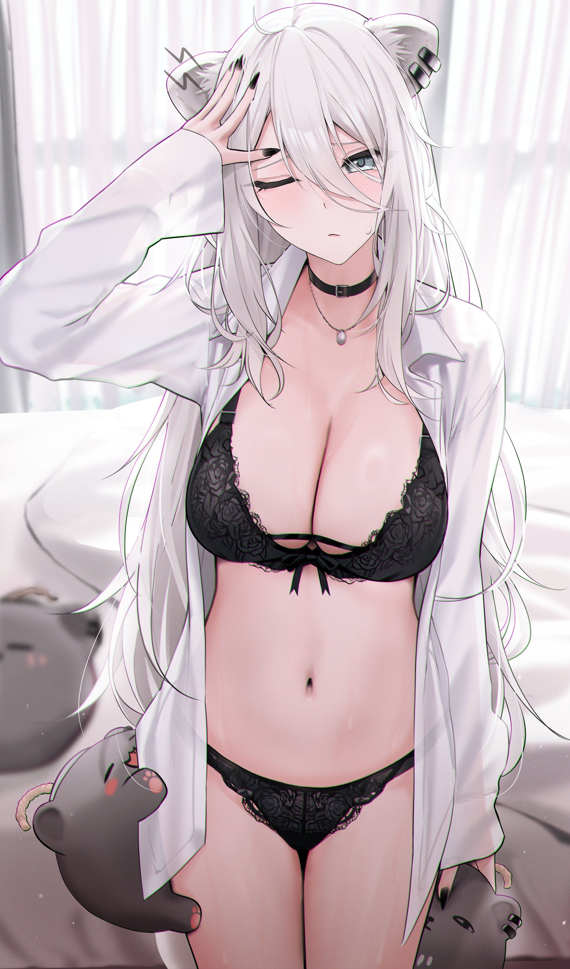 1girls, ahoge, animal ear fluff, animal ears, black bra, black choker, black panties, breasts, cleavage, ear piercing, female, grey eyes, grey hair, hair between eyes, hololive, hololive gen 5, hololive japan, large breasts, lingerie, lion ears, lion girl, long hair, long sleeves, navel, one eye closed, open clothes, open shirt, shishiro botan, solo, virtual youtuber, wanne, white shirt
