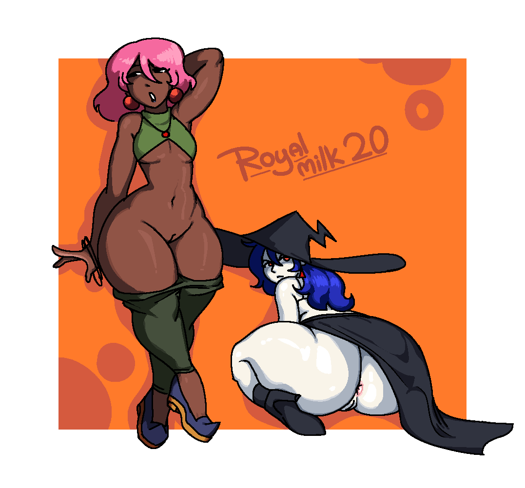 2girls anus anus_peek big_ass blue_hair bottom_heavy cave_story dark-skinned_female female_only halloween misery_(cave_story) multiple_girls no_underwear original_character outfit_swap pale-skinned_female pants_down pink_hair royalmilk20 slutty_witch_(royalmilk20) vagina wide_hips witch witch_hat