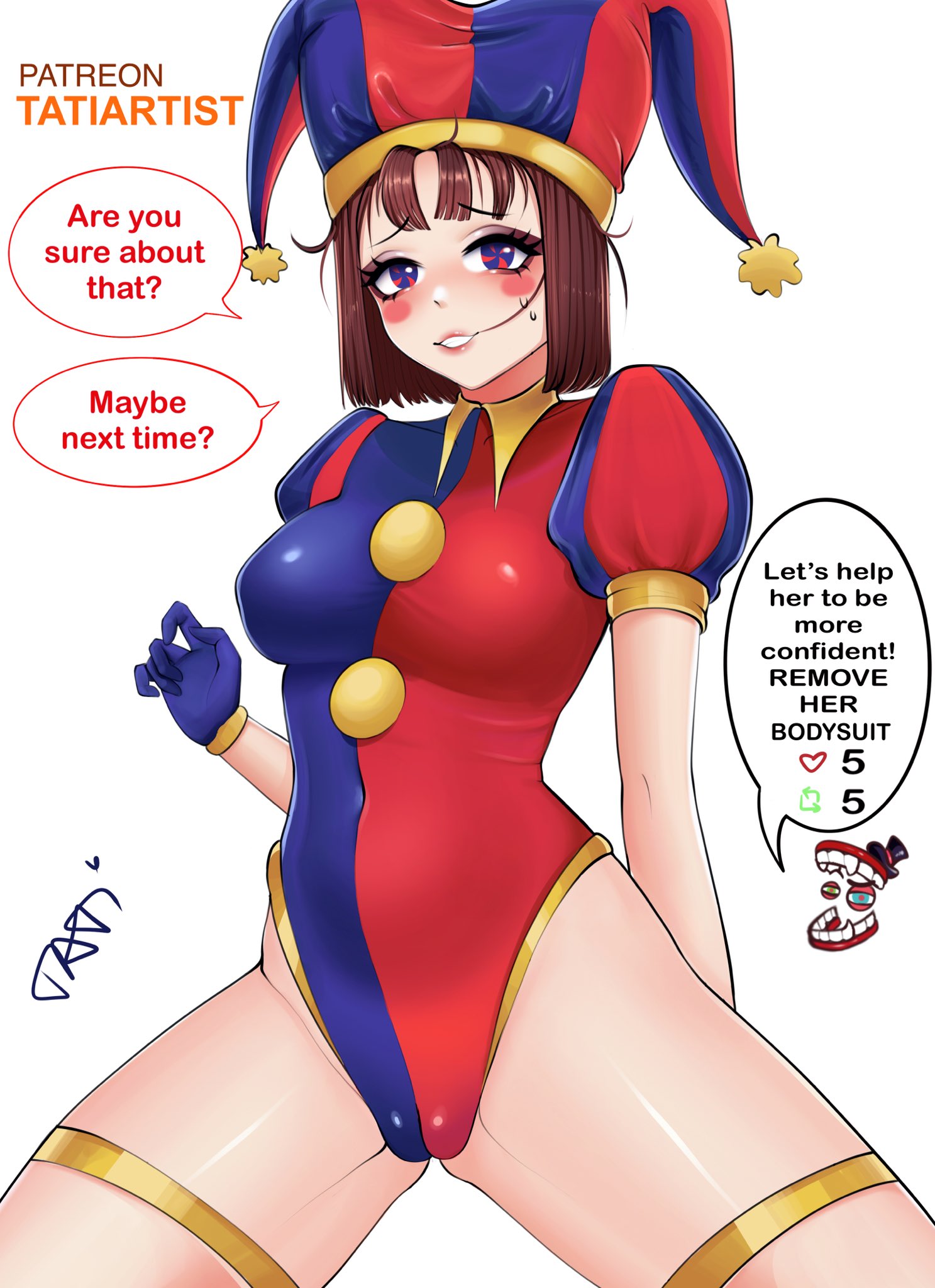 1girls, 2023, 2d, 2d (artwork), 2d artwork, breasts, brown hair, caine (the amazing digital circus), dialogue, dialogue box, female, glitch productions, gloves, gooseworx, jester, jester costume, jester hat, jester outfit, light skin, light-skinned female, looking at viewer, patreon, pomni, pomni (the amazing digital circus), short hair, small breasts, spread legs, sweatdrop, tagme, tati (tatiartist/tati neko9), tati artist, the amazing digital circus, thick thighs, thighs, twitter, twitter strip game