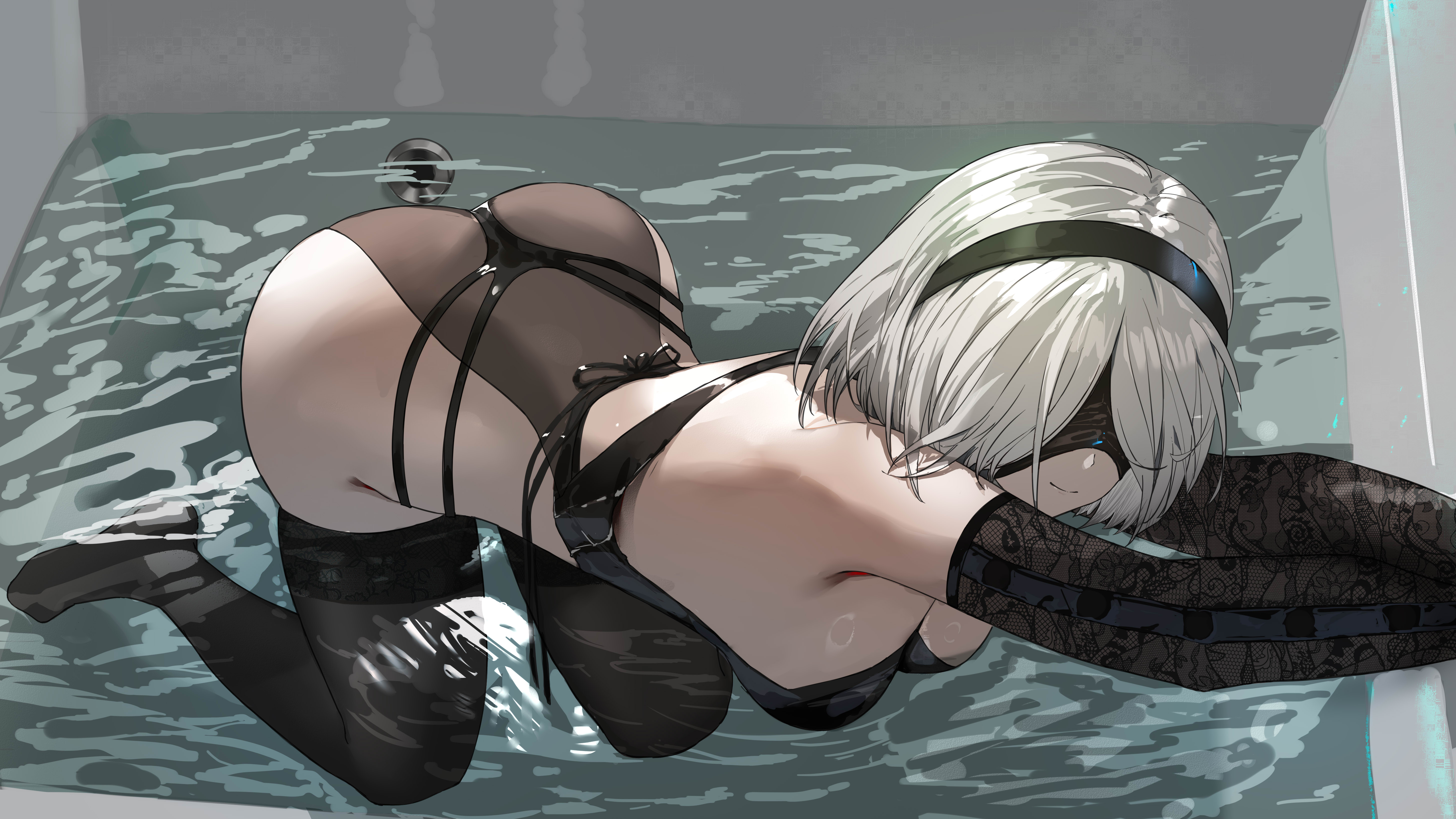 absurdres, all fours, ass, bath, bathing, bathtub, black blindfold, black hairband, black one-piece swimsuit, black thighhighs, blindfold, bob cut, breasts, clothed, elbow gloves, female, female focus, female only, gloves, hairband, highres, lilin (pixiv 25958194), medium breasts, nier (series), nier: automata, one-piece swimsuit, outstretched arms, short hair, smirk, smirking, solo, suggestive pose, swimsuit, thighhighs, water, white hair, yorha 2b
