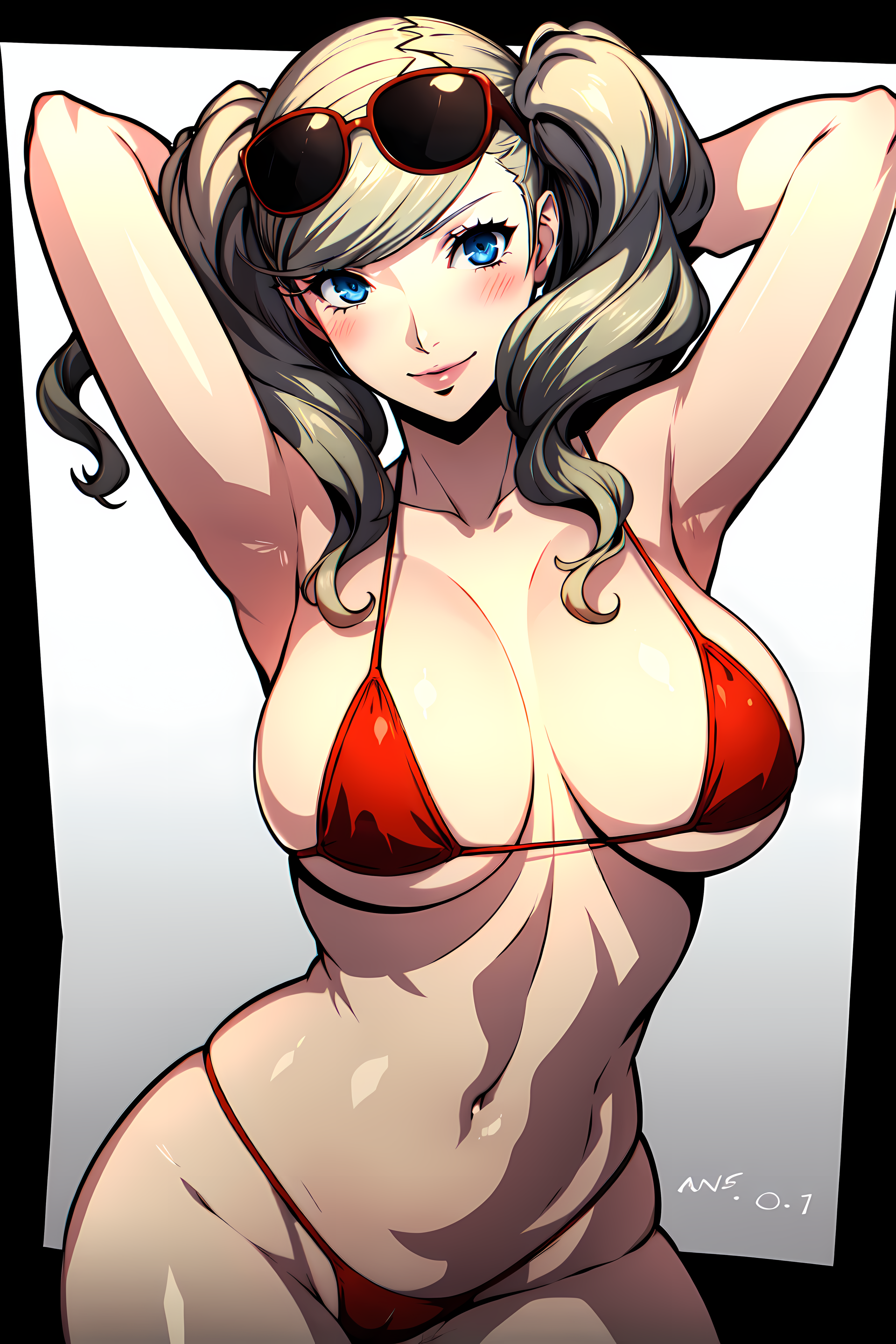 ai generated, ann takamaki, arms up, atlus, bikini, blonde hair, breasts, female, female only, huge breasts, light skin, light-skinned female, looking at viewer, medium hair, nai diffusion, persona, persona 5, rabbit 001, solo female, stable diffusion, tagme, twintails