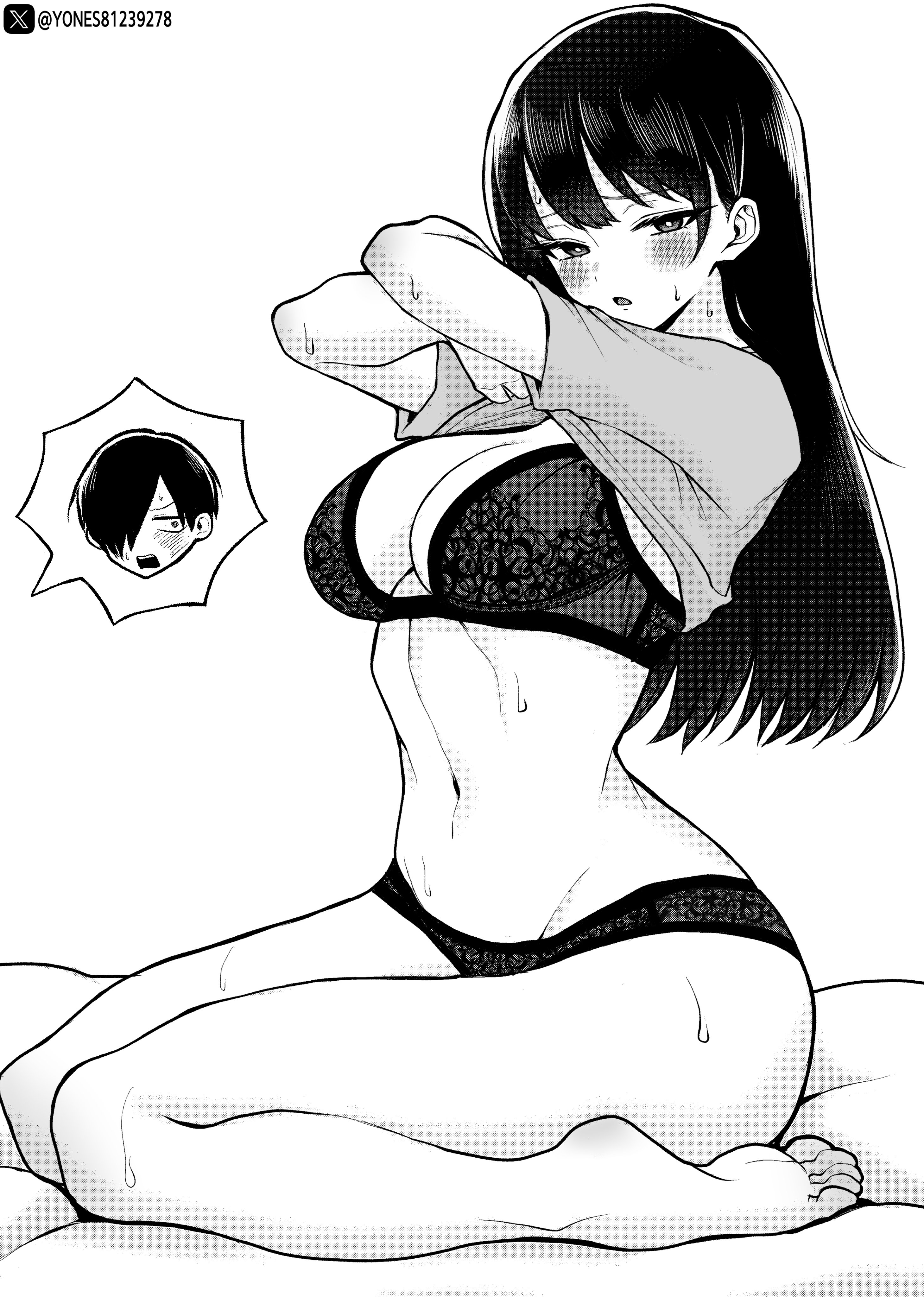 1boy, 1girls, 2023, absurd res, artist name, bare arms, barefoot, bed sheet, blush, boku no kokoro no yabai yatsu, bra, breasts, cleavage, eyebrows visible through hair, feet, female, female focus, full body, greyscale, hair over one eye, highres, ichikawa kyoutarou, large breasts, lifted by self, lingerie, long hair, looking away, male, monochrome, navel, offscreen character, open mouth, panties, shirt, shirt lift, simple background, sitting, soles, solo focus, surprised, sweat, thighs, toes, tongue, twitter username, underwear, undressing, wariza, watermark, yamada anna, yones81239278