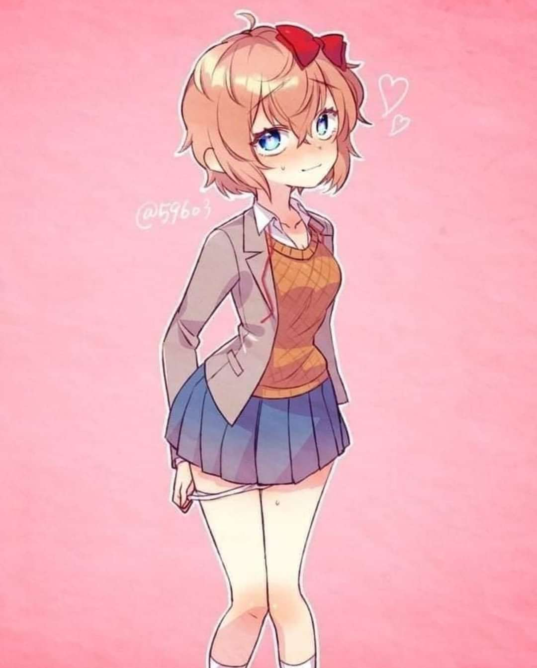 1girls, 596o3, aroused, artist name, blue eyes, blue skirt, blush, bow, breasts, cleavage, clothes, clothing, doki doki literature club, female, hairbow, heart, just sayori, knees together feet apart, panties, panties pull, pulling panties, red bow, red hair bow, red hairbow, sayori (doki doki literature club), sex now, skirt, smile, smiling, socks, strawberry blonde hair, twitter username, white panties