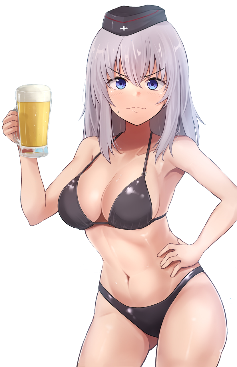 1girls alcohol artist_request beer beer_mug big_breasts bikini black_bikini blue_eyes breasts busty cleavage female female_only girls_und_panzer green_hair hand_on_own_hip hi_res highres itsumi_erika large_breasts legs looking_at_viewer medium_hair mug navel sensual smile solo sweat swimsuit thighs