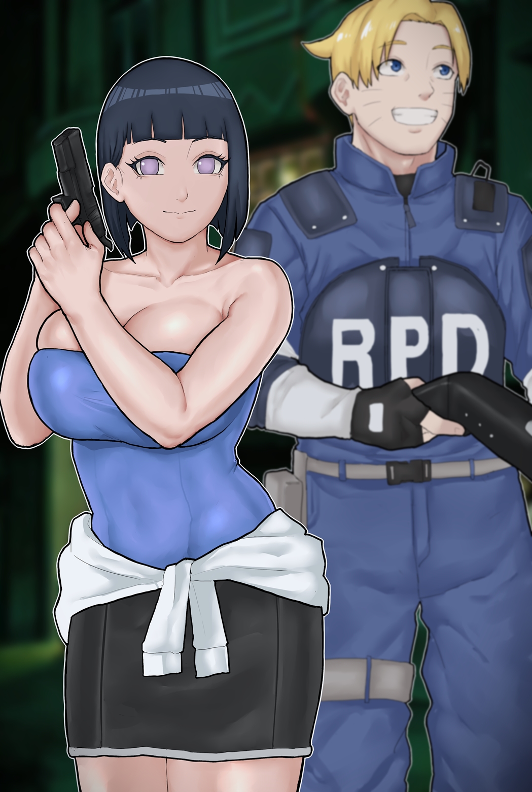 1boy 1boy1girl 1girls absurd_res bare_arms bare_shoulders bare_thighs big_breasts black_gloves blonde_hair blue_hair blush bob_cut boruto:_naruto_next_generations breast_focus busty capcom cleavage clothed clothing cosplay couple curvaceous curvy curvy_body curvy_female curvy_figure facial_markings female female_focus fingerless_gloves fully_clothed gloves grin grinning gun halloween halloween_costume hi_res high_resolution highres hinata_hyuuga hourglass_figure hyuuga_hinata jill_valentine_(cosplay) large_breasts leon_scott_kennedy_(cosplay) light-skinned_female light-skinned_male light_skin looking_at_viewer male male/female mature mature_female medium_hair milf mossberg naruto naruto_(series) naruto_uzumaki no_bra pale-skinned_female pale-skinned_male pale_skin pinup pistol police police_uniform pose posing presenting_breasts purple_eyes resident_evil resident_evil_2 resident_evil_2_remake resident_evil_3 resident_evil_3_remake short_skirt shotgun shoulder_length_hair shounen_jump skirt sleeveless sleeveless_shirt smile smiling sweater sweater_around_waist tank_top teeth teeth_showing torikku95 tubetop uzumaki_naruto voluptuous voluptuous_female weapon whisker_markings whiskers wide_hips yellow_hair