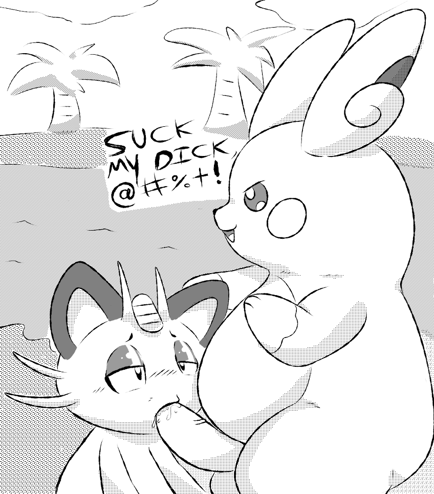 alolan_meowth alolan_raichu blush feline flipnote_studio furry half-closed_eyes hand_on_head meowth mincheeto monochrome open_mouth oral oral_sex pokémon_(species) pokemon pokemon_(species) precum raichu semi-anthro tagme