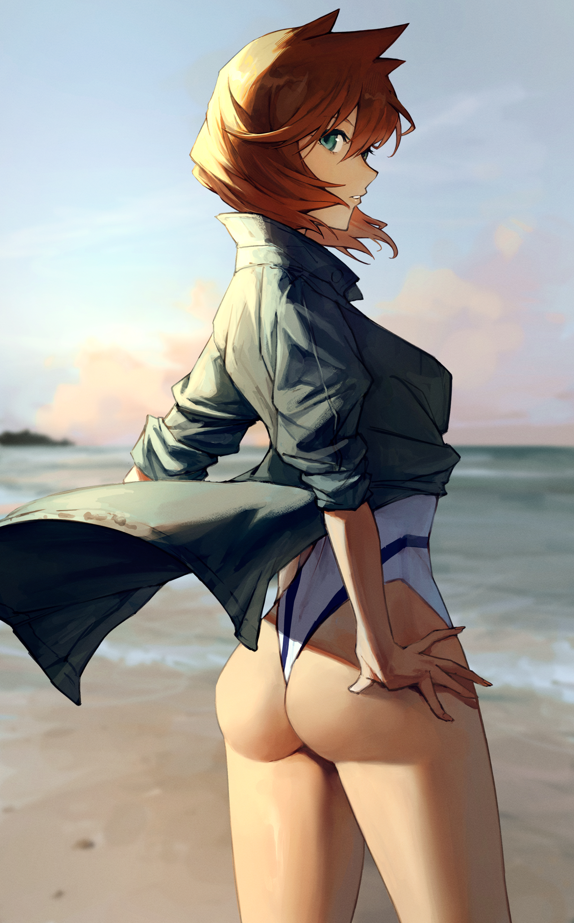 ass, bare legs, beach, blonde hair, breasts, commentary, cowlick, creatures (company), eyelashes, eyeshadow, female, from below, game freak, green eyes, highres, huge ass, jacket, kasumi (pokemon), looking at viewer, looking back, madoro, makeup, medium breasts, nintendo, one-piece swimsuit, parted lips, pokemon, pokemon (game), pokemon hgss, shiny skin, short hair, solo, swimsuit, thick thighs, thighs, water, wedgie, white background, white one-piece swimsuit