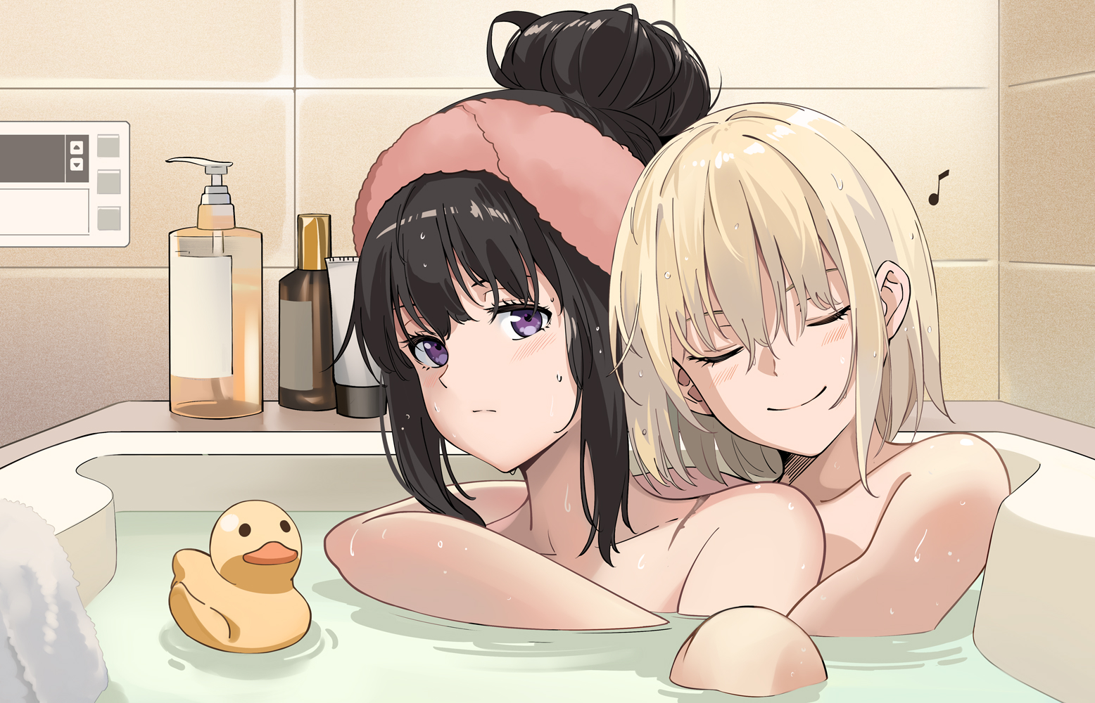 2girls, bathing, bathroom, bathtub, blonde hair, closed mouth, female, hair bun, hug, hug from behind, indoors, inoue takina, lesbian focus, long hair, lycoris recoil, multiple females, multiple girls, muscular, neko (yanshoujie), nishikigi chisato, nude, partially submerged, purple eyes, rubber duck, shared bathing, short hair, smile, water, wet, yuri